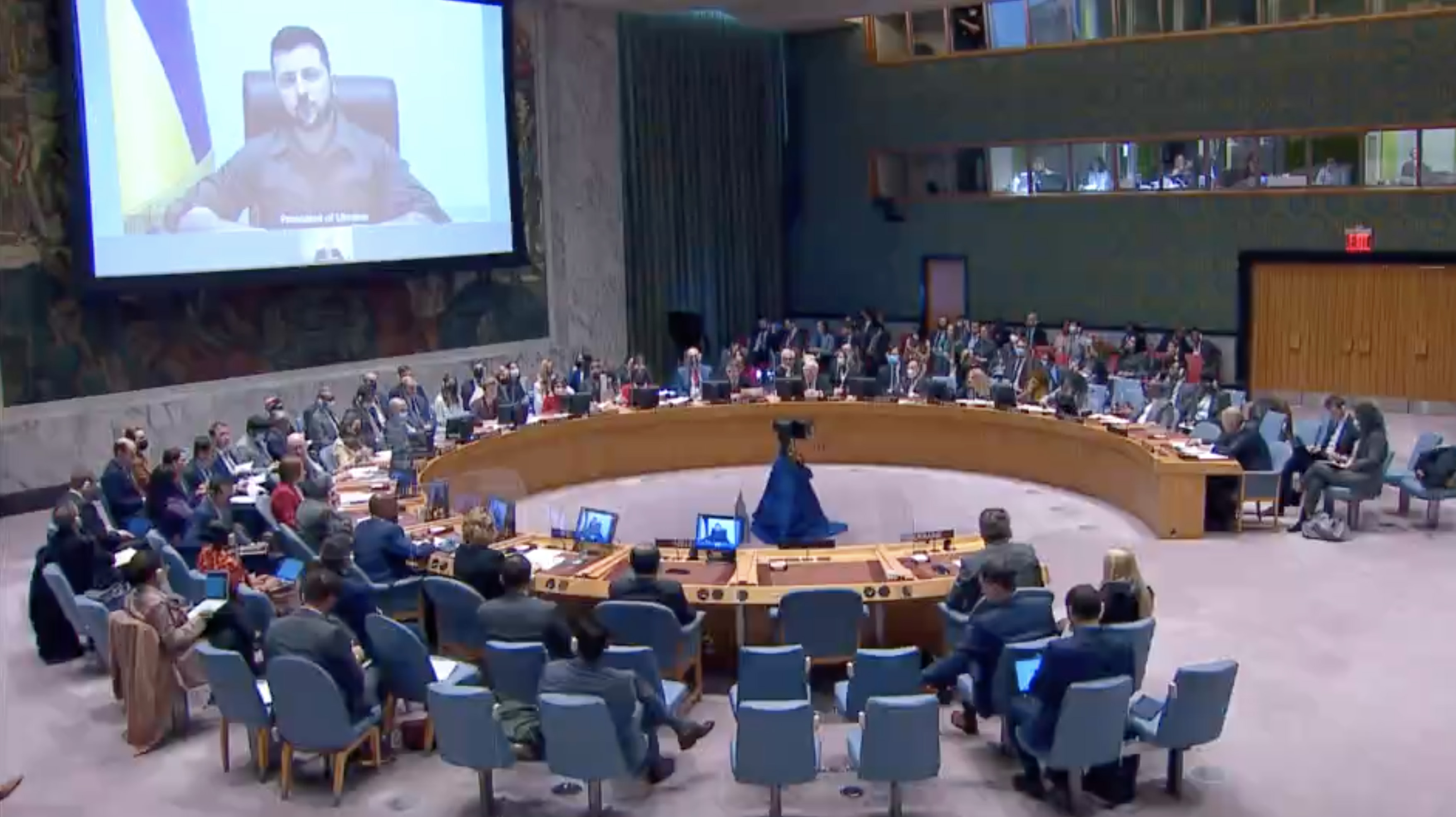 Ukrainian President Volodymyr Zelensky addressing the United Nations Security Council on April 5.