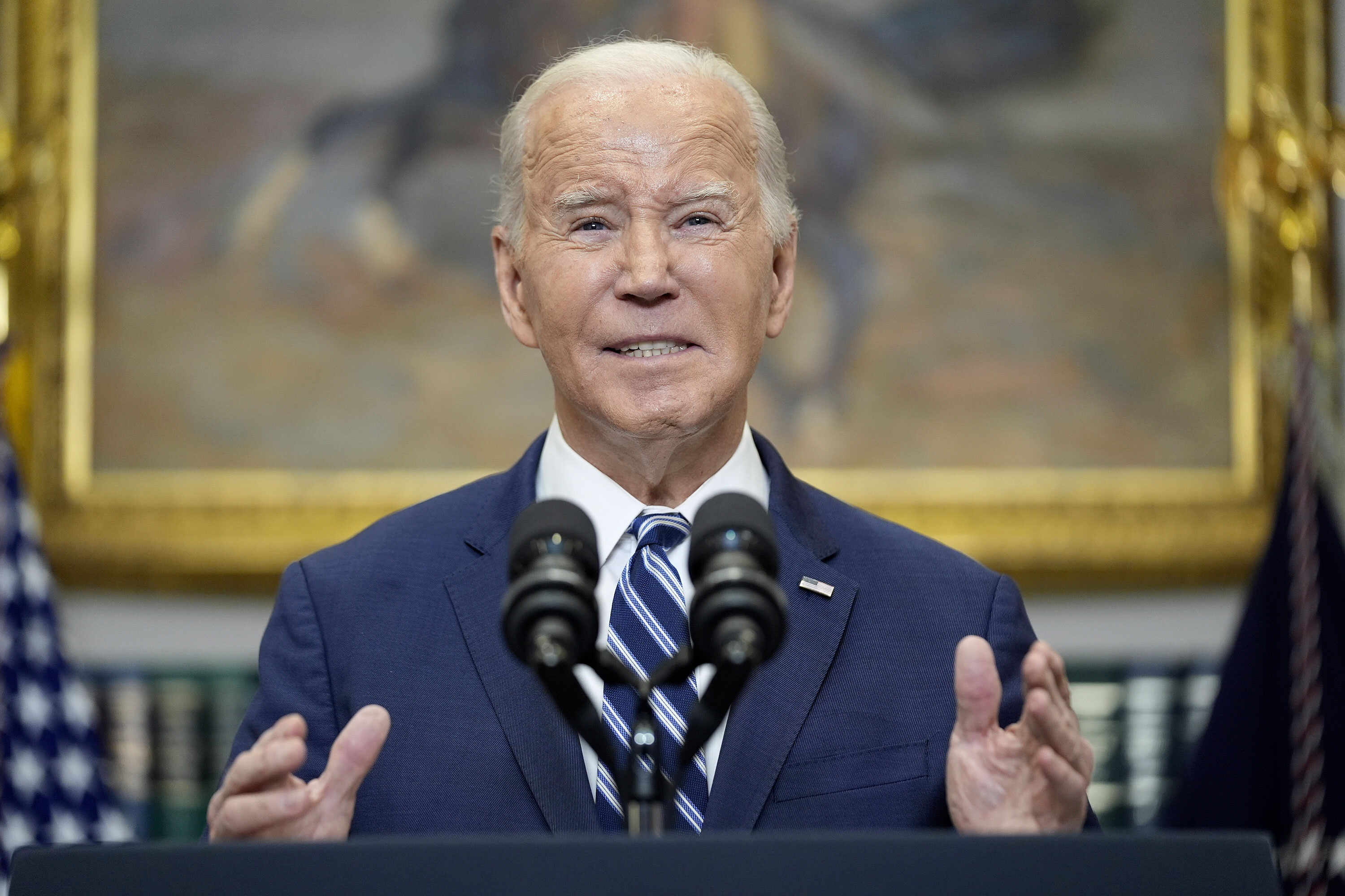 President Joe Biden delivers remarks on the death of Alexey Navalny in the Roosevelt Room of the White House on Friday.