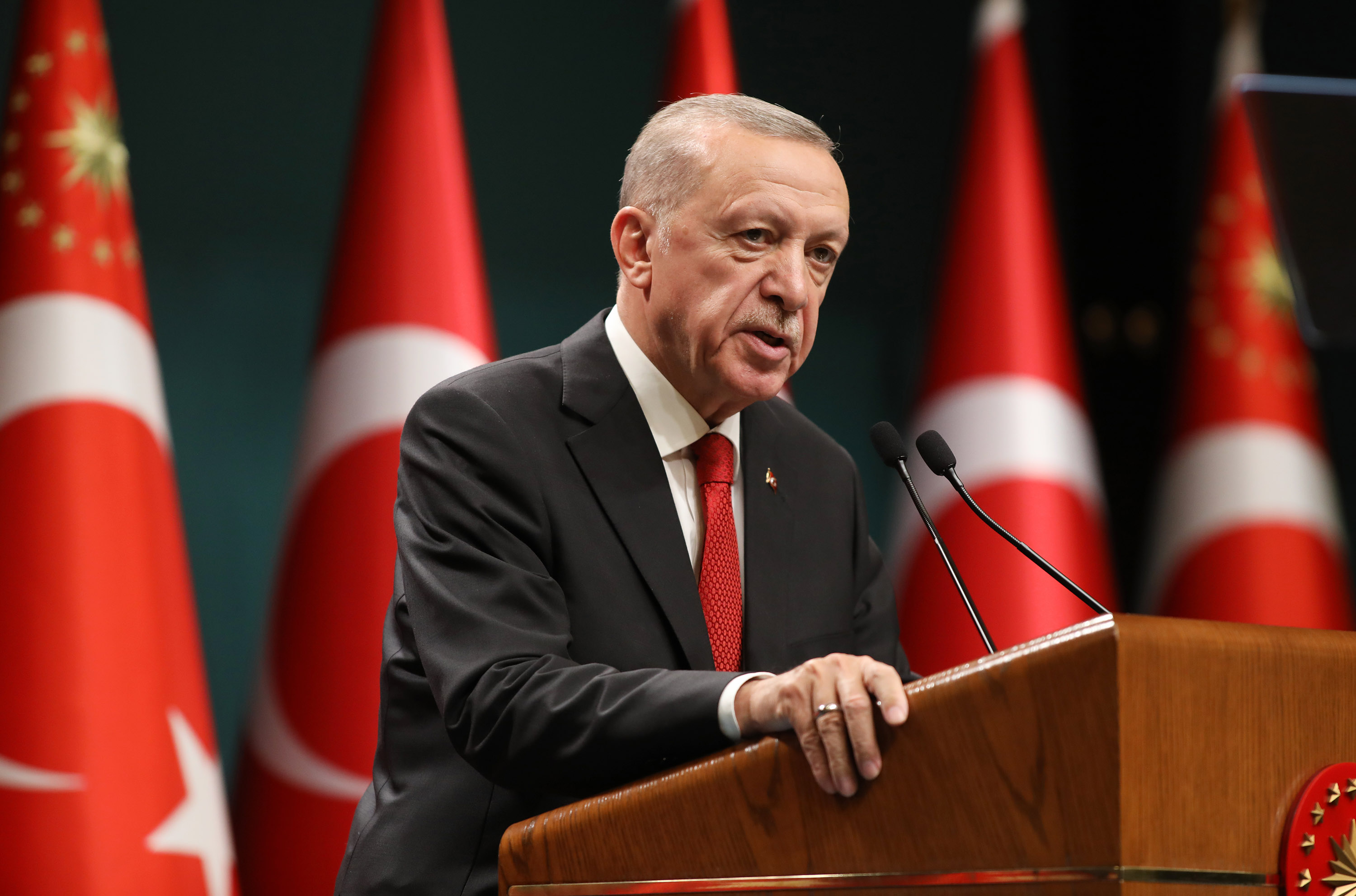 Turkish President Recep Tayyip Erdogan is pictured making a statement to the press on June 6, in Ankara, Turkey. 