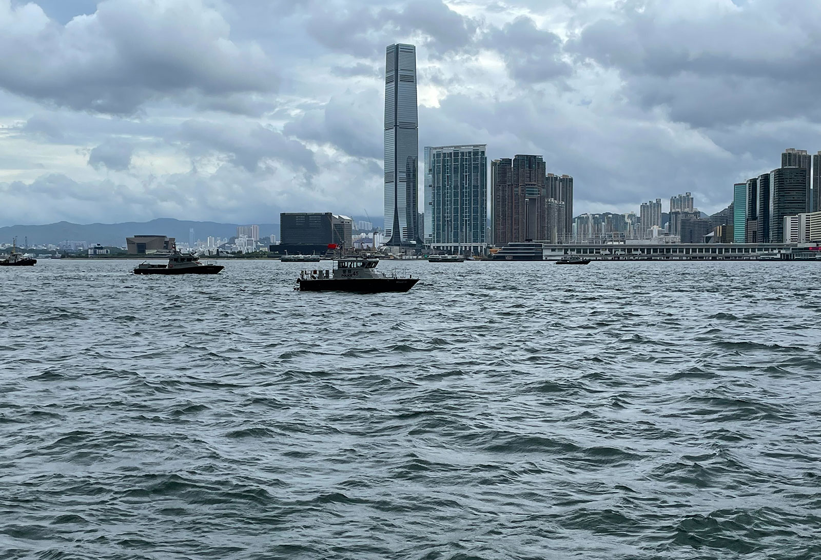 Police vessels patrol Hong Kong’s Victoria Harbor ahead of the flag raising ceremony on July 1.