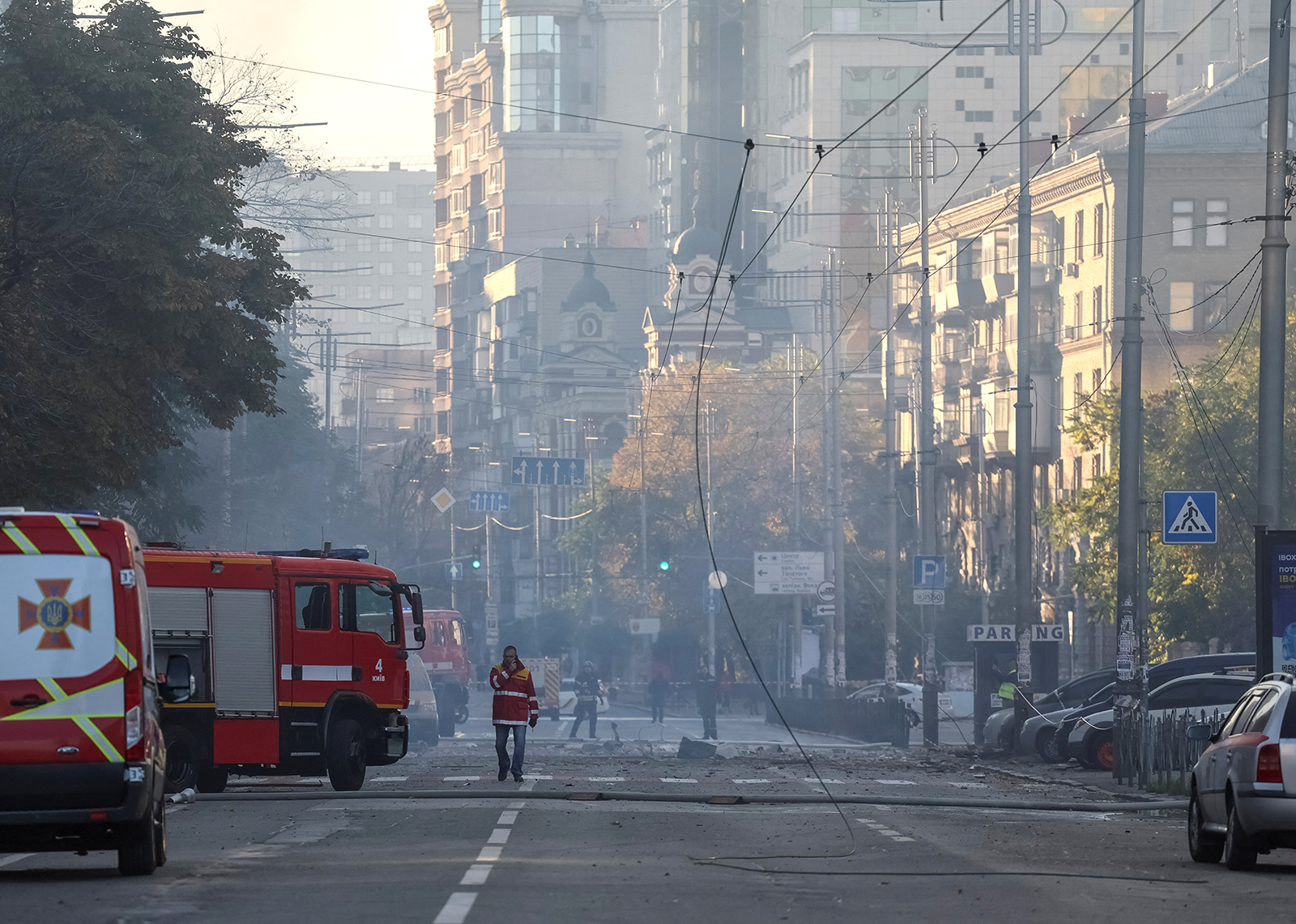 A view shows a street after a Russian drone strike in Kyiv on Monday. 