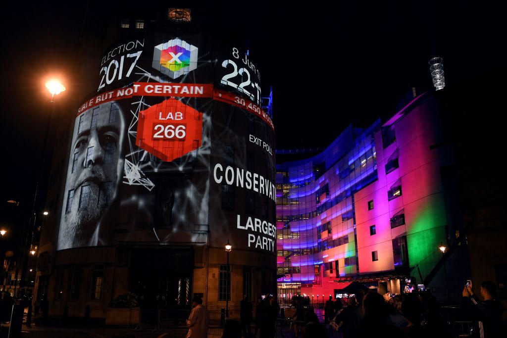 The results of the 2017 election are projected onto the BBC's headquarters in London.