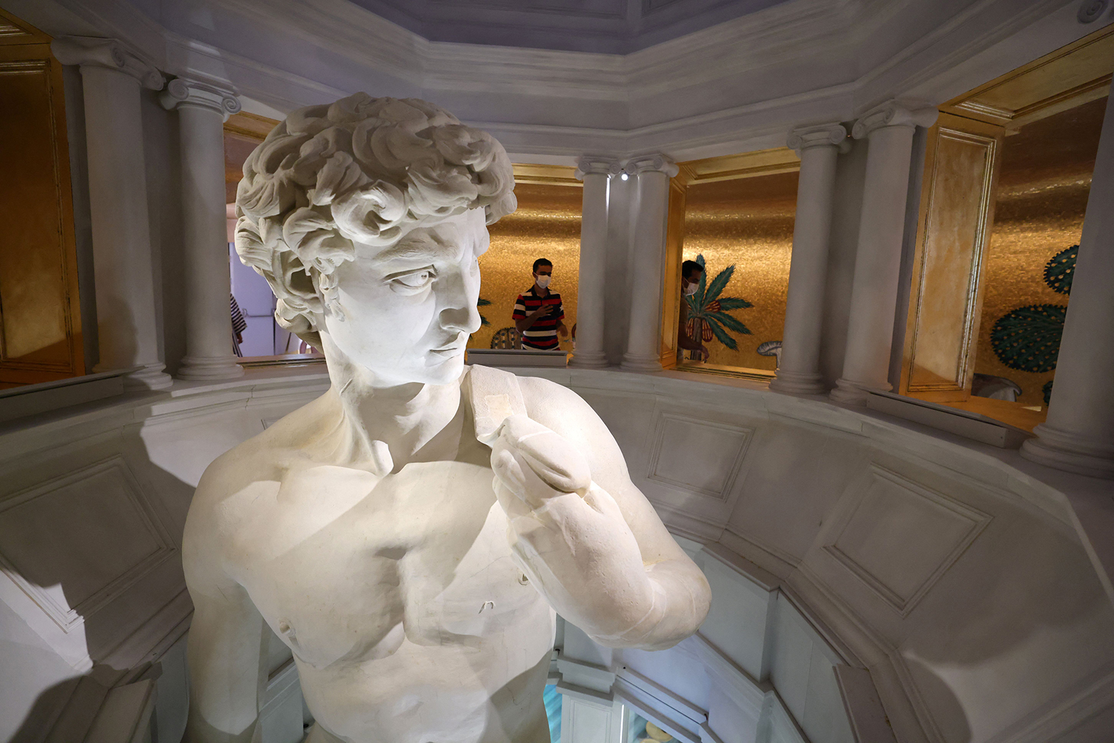 A giant replica of Michelangelo's David is pictured inside the Italian pavilion.