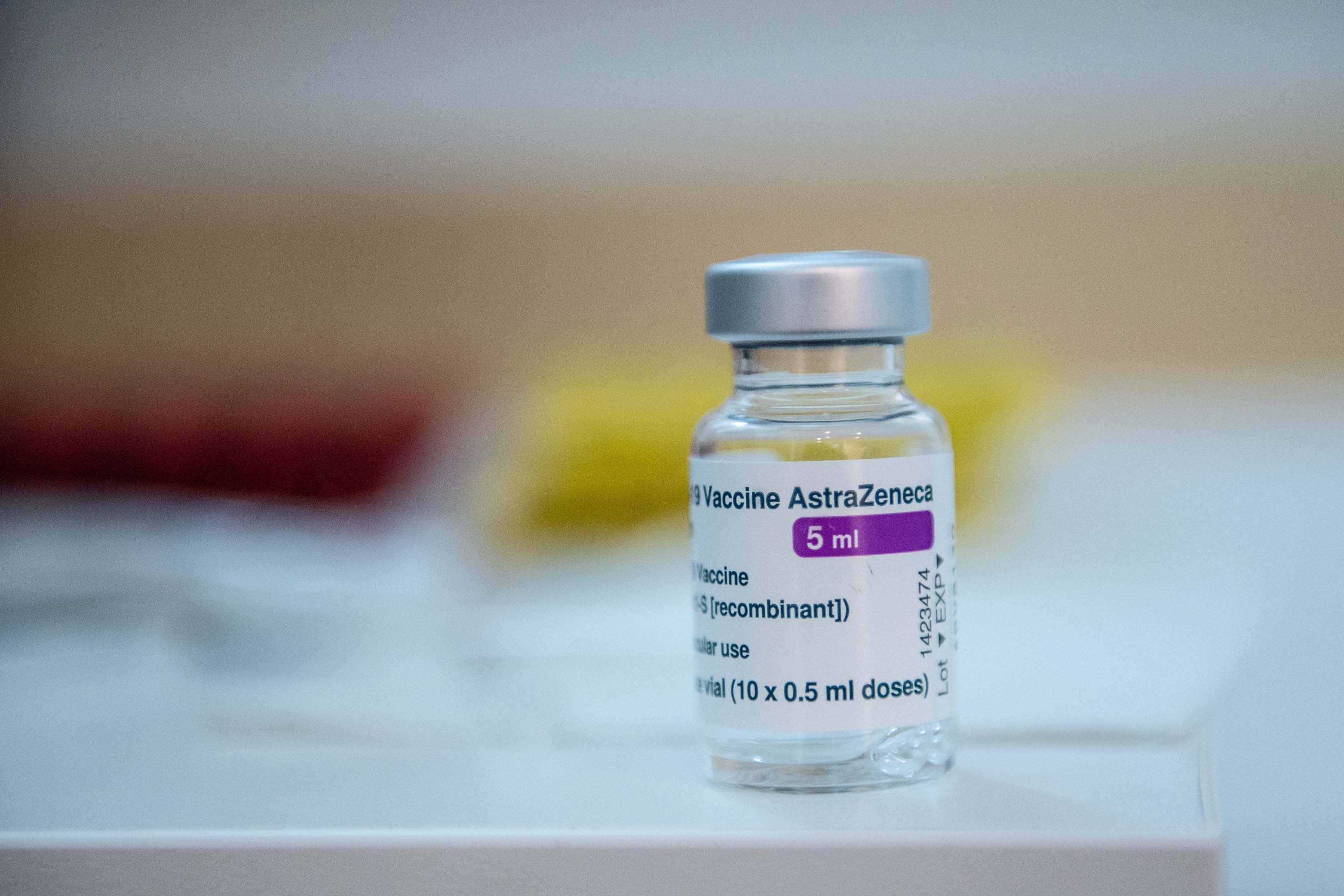 A vial of the AstraZeneca vaccine is pictured in a pharmacy in Paris on March 12. 