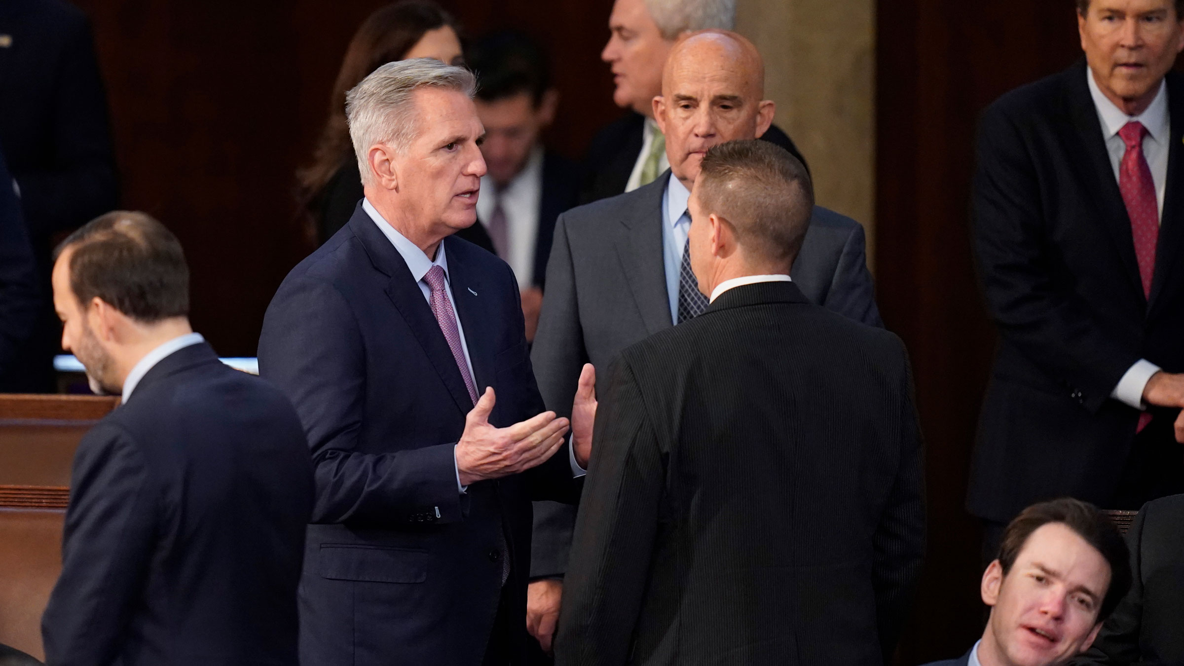 Kevin McCarthy, center left, arrives in the House of Commons on Friday.
