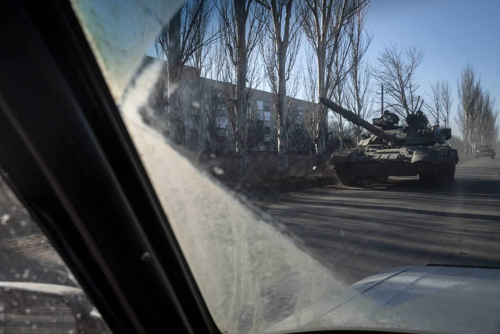 A Ukrainian tank moves on a street in Bakhmut, Ukraine, on January 26. 