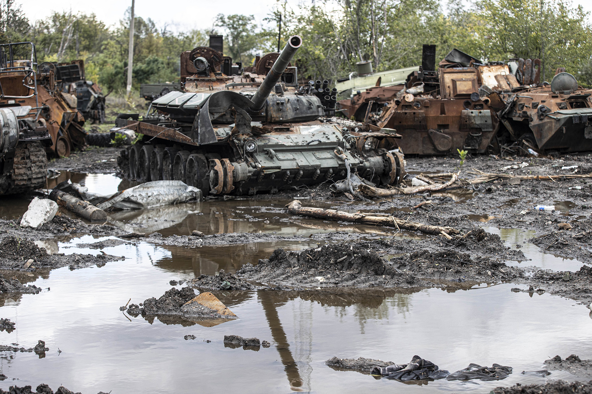 Destroyed Russian armored vehicles left behind by the Russian forces in Izium, Kharkiv, Ukraine, on October 2.