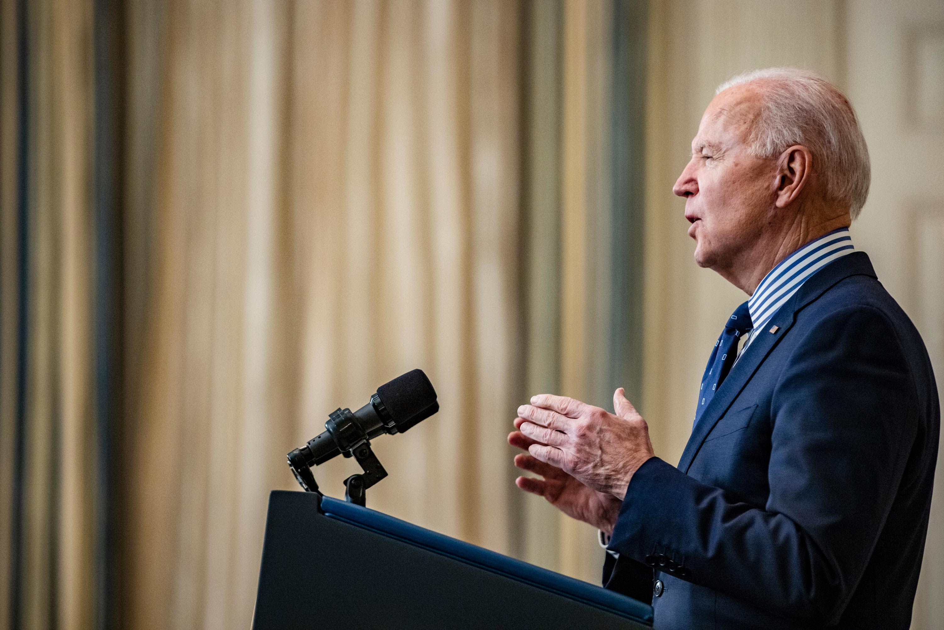 President Joe Biden speaks from the State Dining Room at the White House on March 6 in Washington, DC. 
