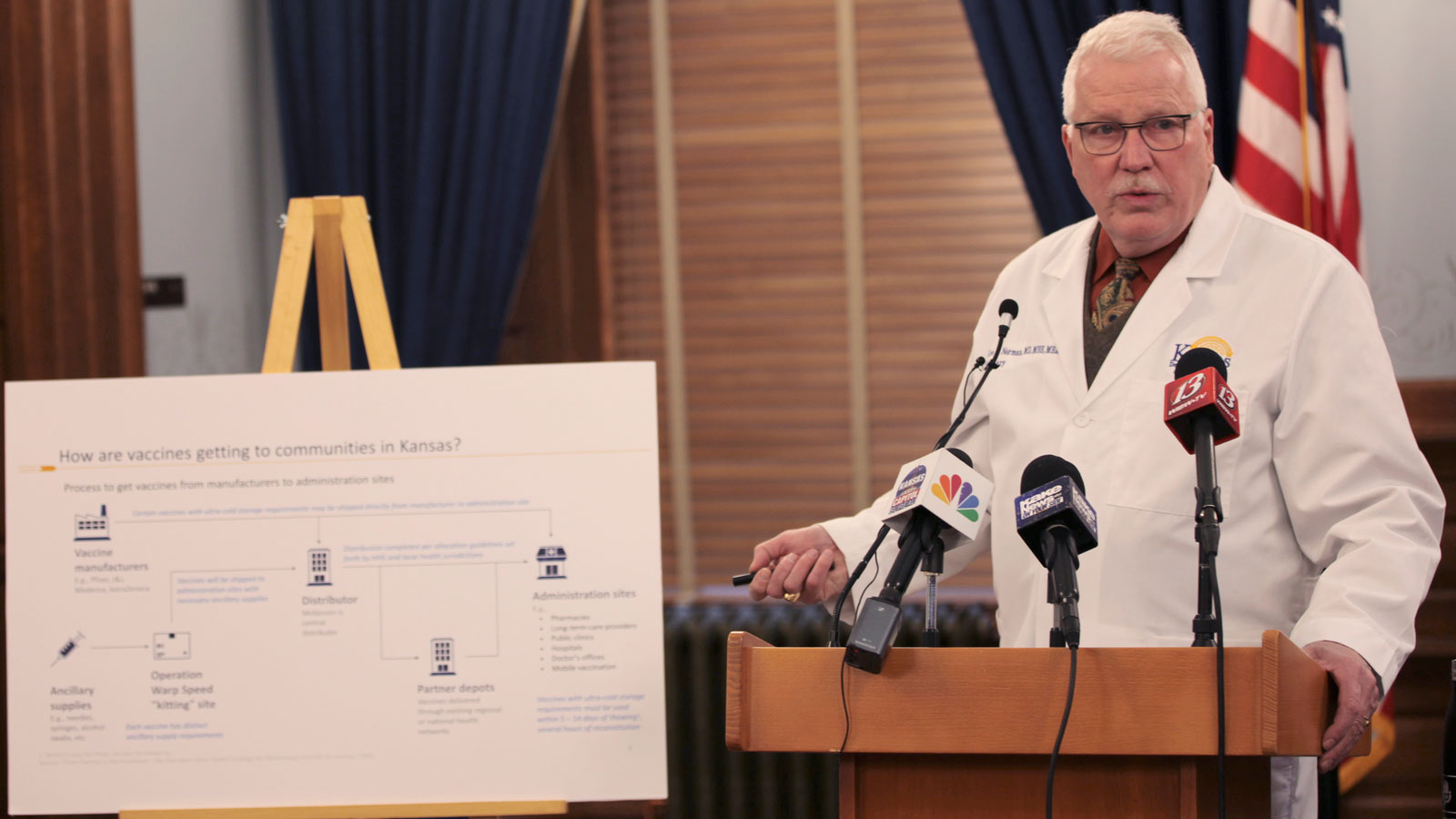 Dr. Lee Norman, head of the Kansas Department of Health and Environment, answers questions from reporters about the Covid-19 pandemic during a news conference on Wednesday, January 27, at the Statehouse in Topeka, Kansas.