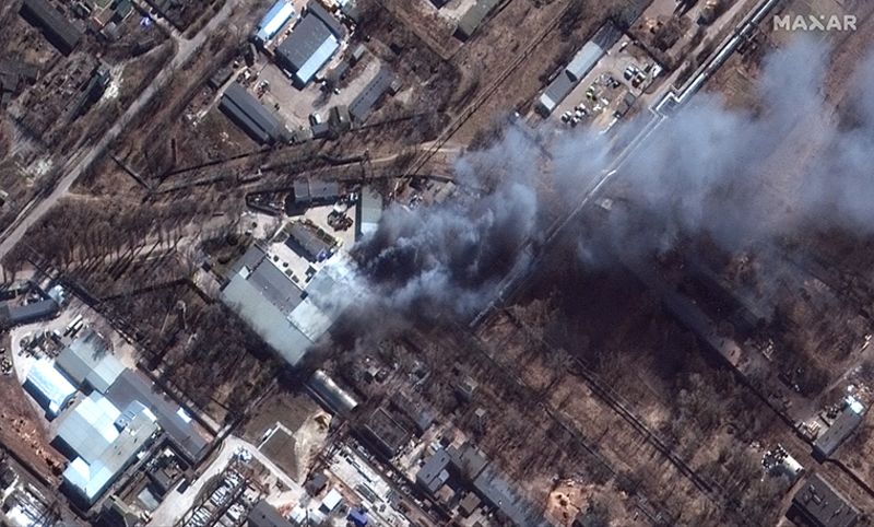 A fire burning in an industrial district in Chernihiv, Ukraine.