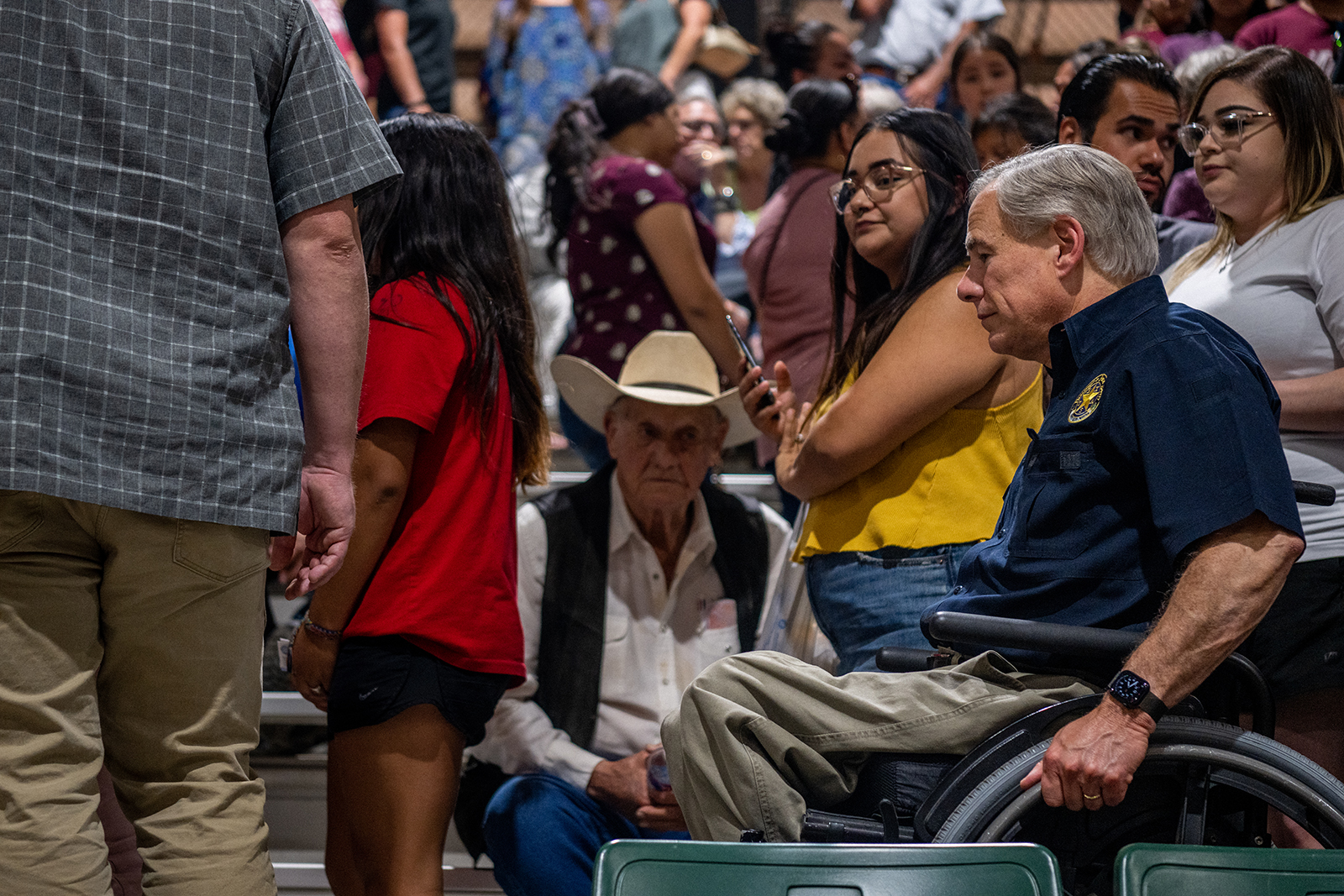 Texas Gov. Greg Abbott during a community-held vigil for the 21 people killed at Robb Elementary School, on May 25 in Uvalde, Texas.