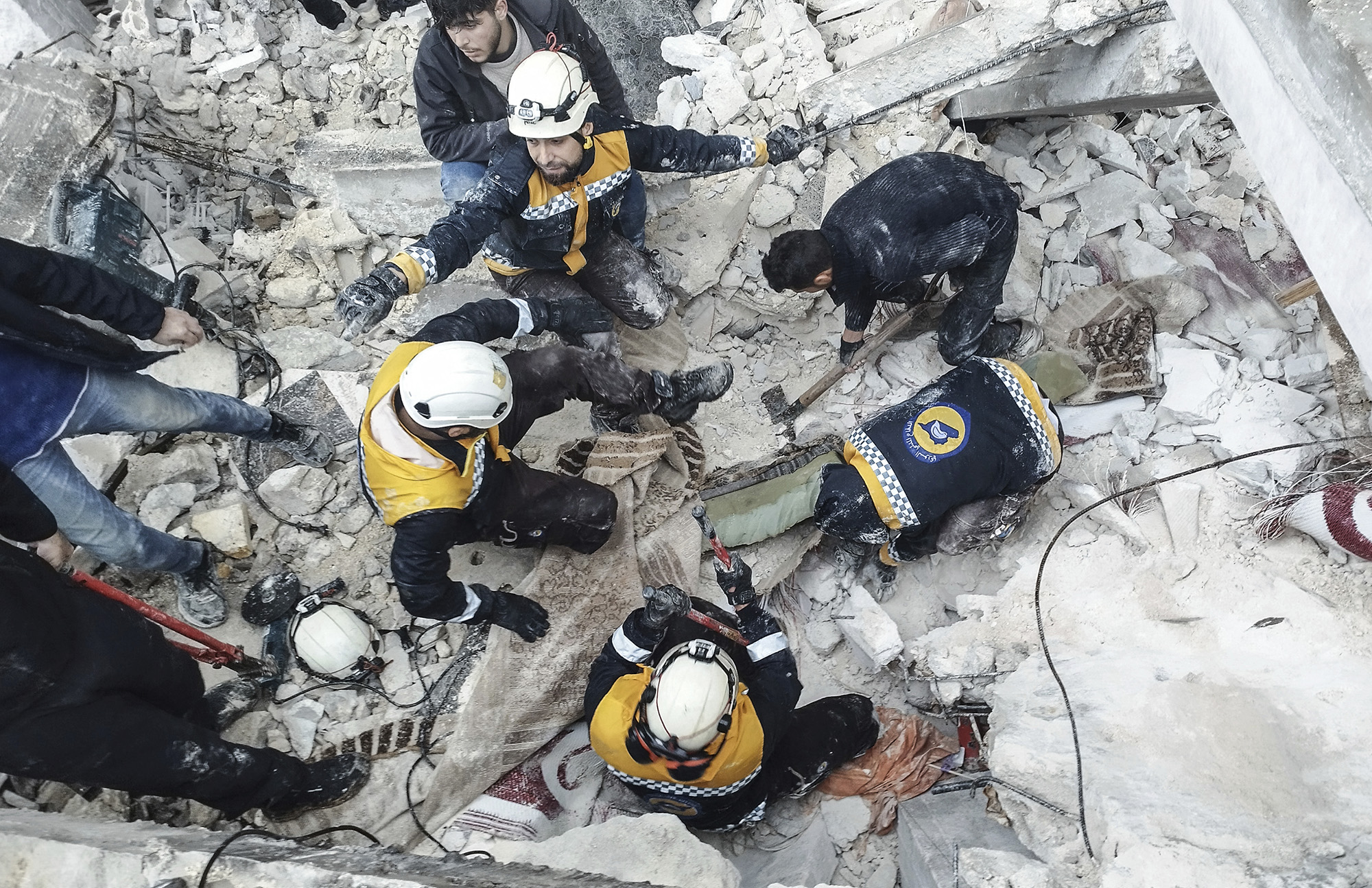 White helmet rescuers in Afrin, Syria, on February 6.