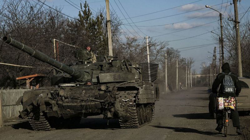 Ukrainian servicemen drive a tank in the village of Chasiv Yar, near the city of Bakhmut, on Sunday.