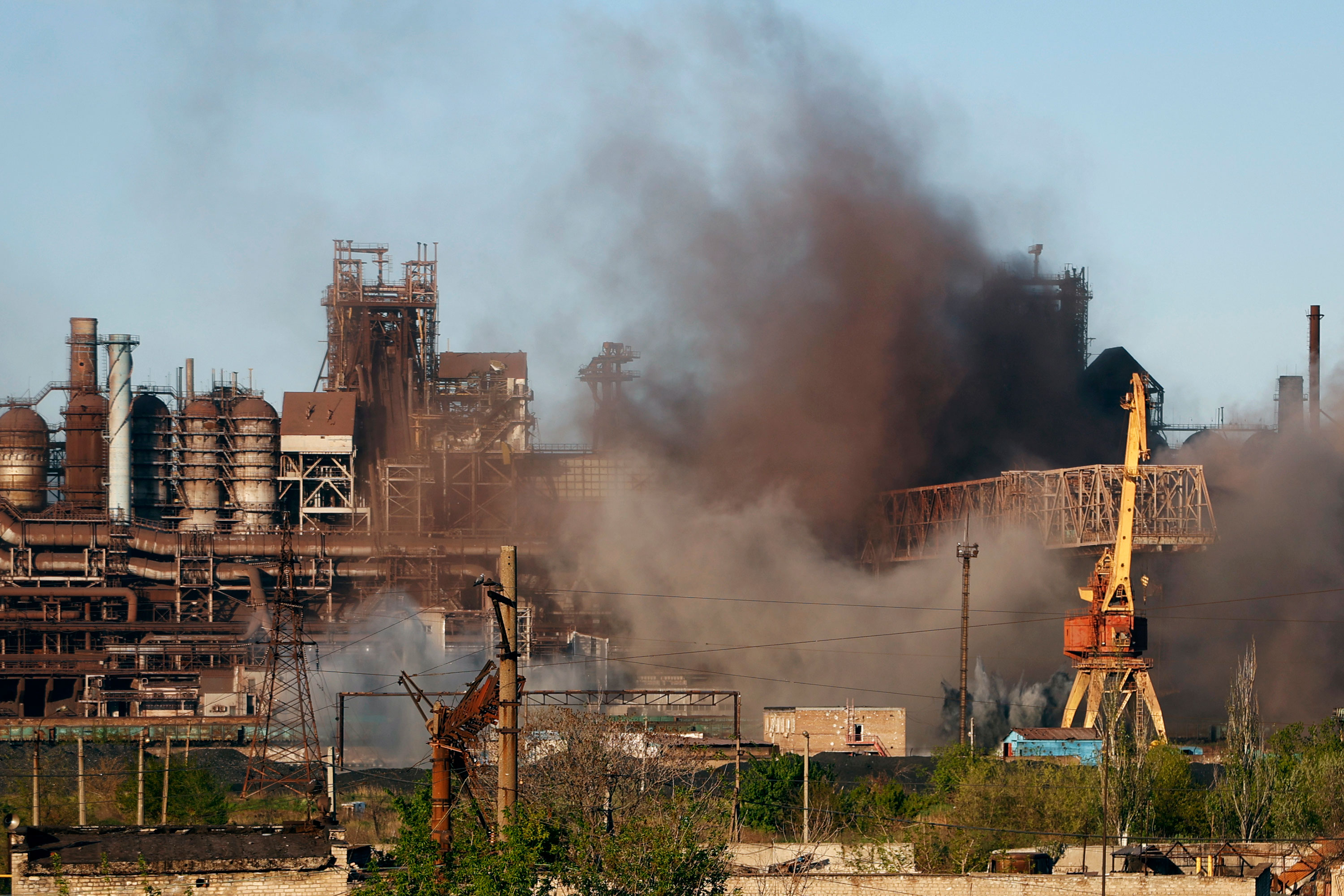 Smoke rises from the Azovstal steel plant in Mariupol, Ukraine, on May 7.