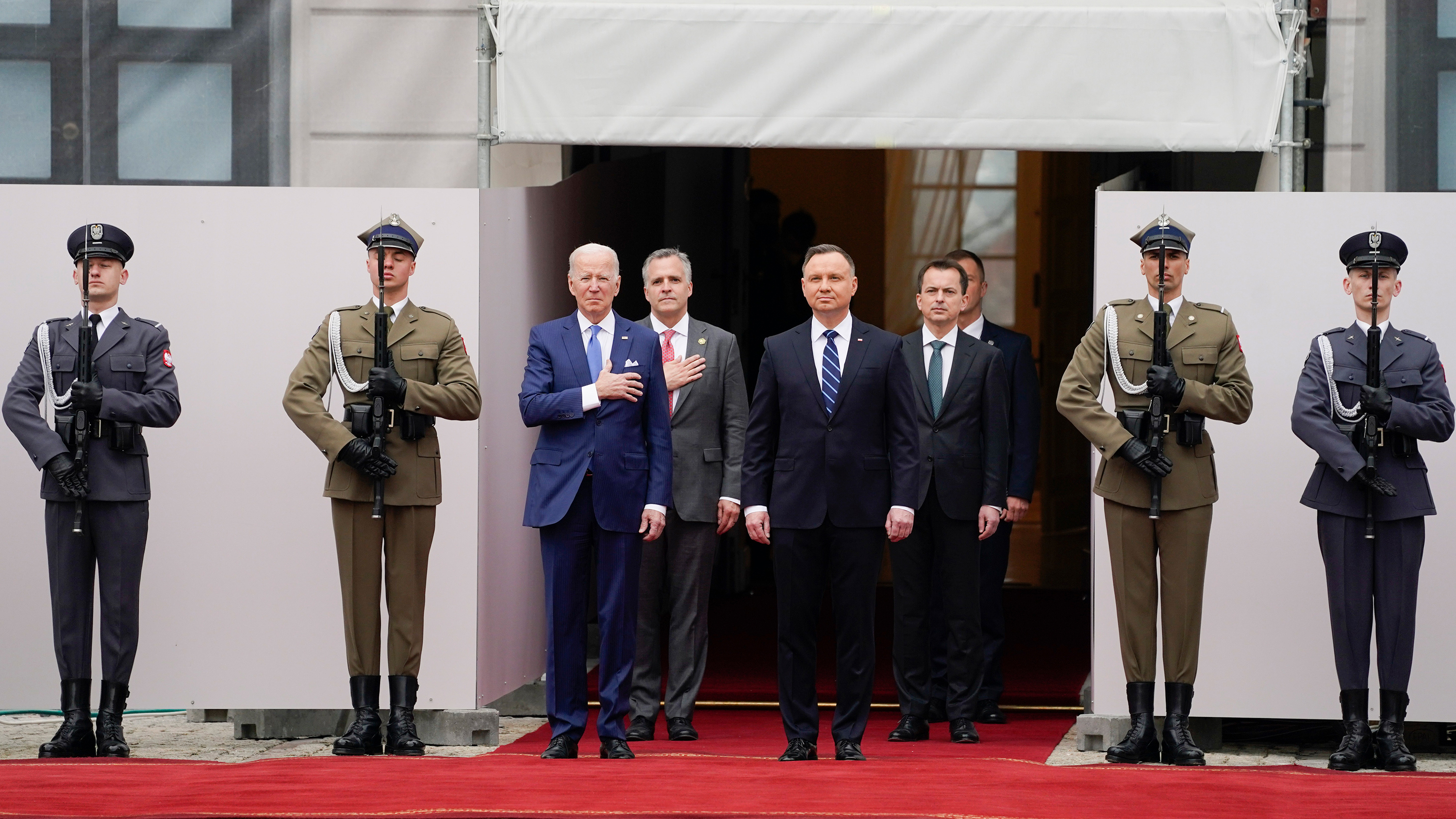 US President Joe Biden participates in an arrival ceremony with Polish President Andrzej Duda on Saturday, March 26, in Warsaw, Poland. 