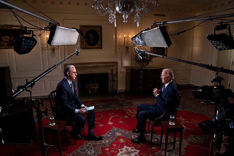 President Joe Biden speaks with CNN's Jake Tapper during an interview in the Map Room of the White House in Washington, DC, on Tuesday, October 11.