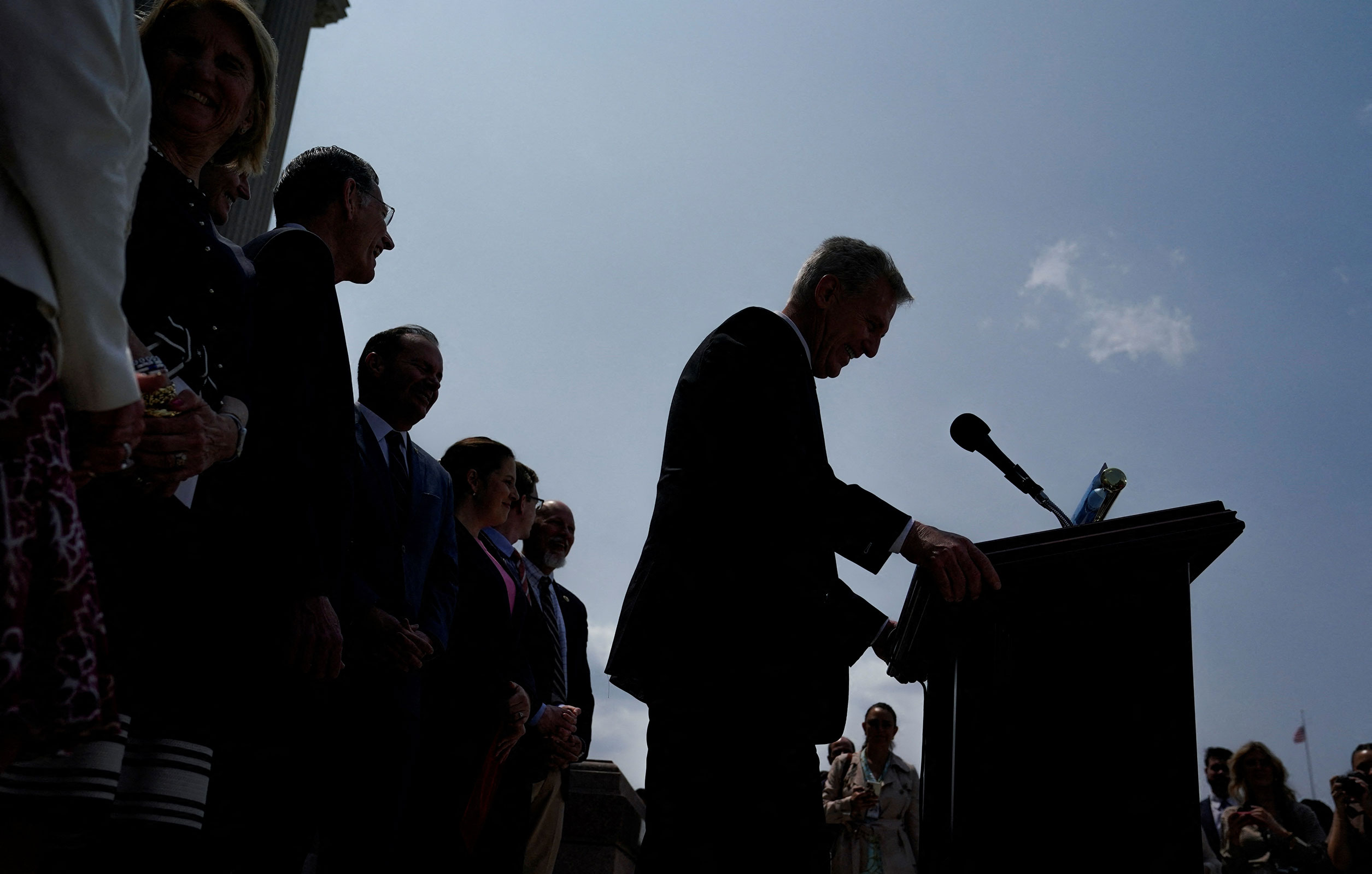 Speaker of the House Kevin McCarthy speaks to reporters as he stands with Congressional Republicans from both the House and Senate during an event addressing debt ceiling negotiations with President Joe Biden outside the Capitol in Washington, DC, on May 17.
