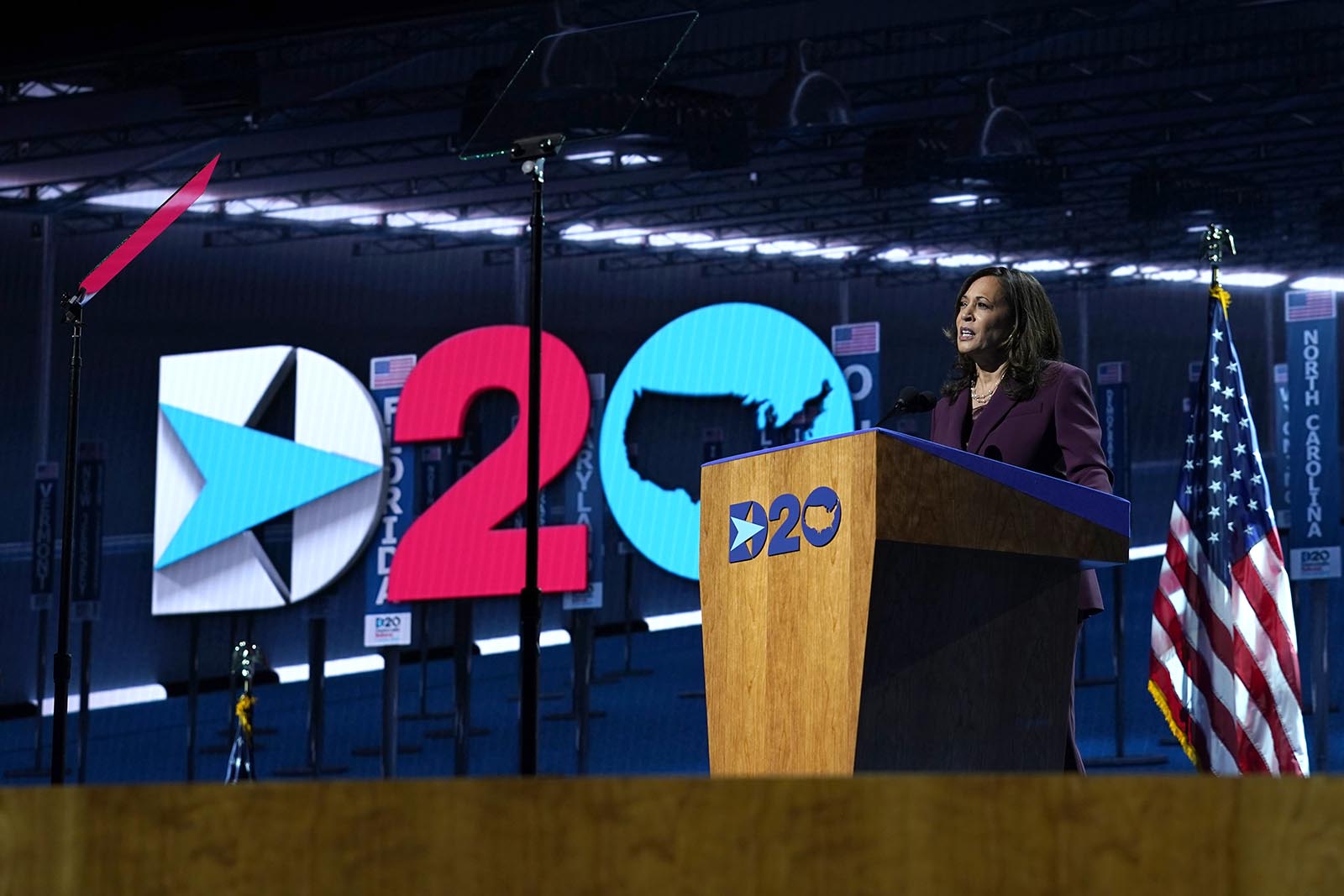 Democratic vice presidential candidate Sen. Kamala Harris speaks during the third day of the Democratic National Convention, Wednesday, Aug. 19.