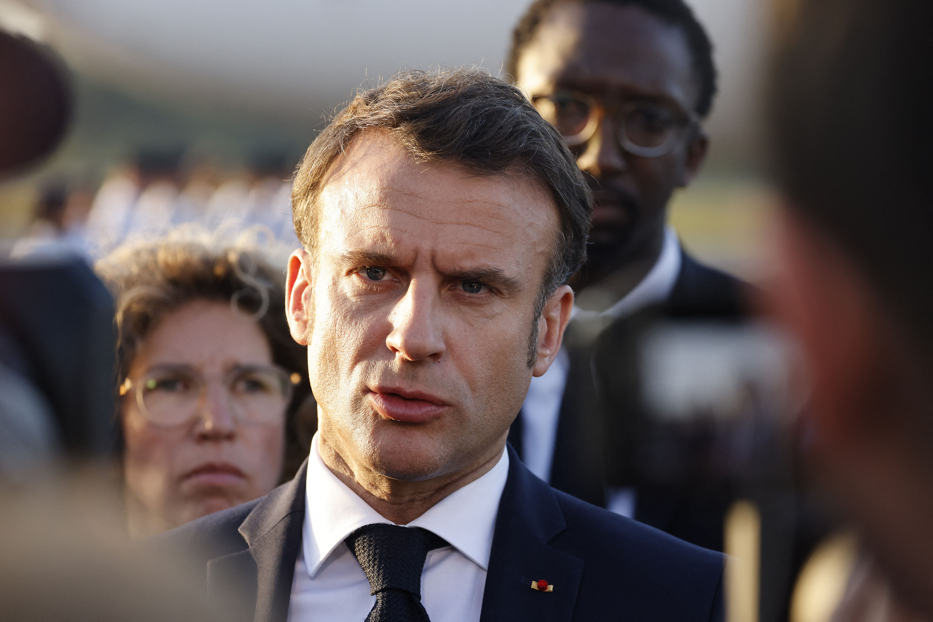 French President Emmanuel Macron speaks to the press upon his arrival in the French territory of French Guiana, on March 25. 