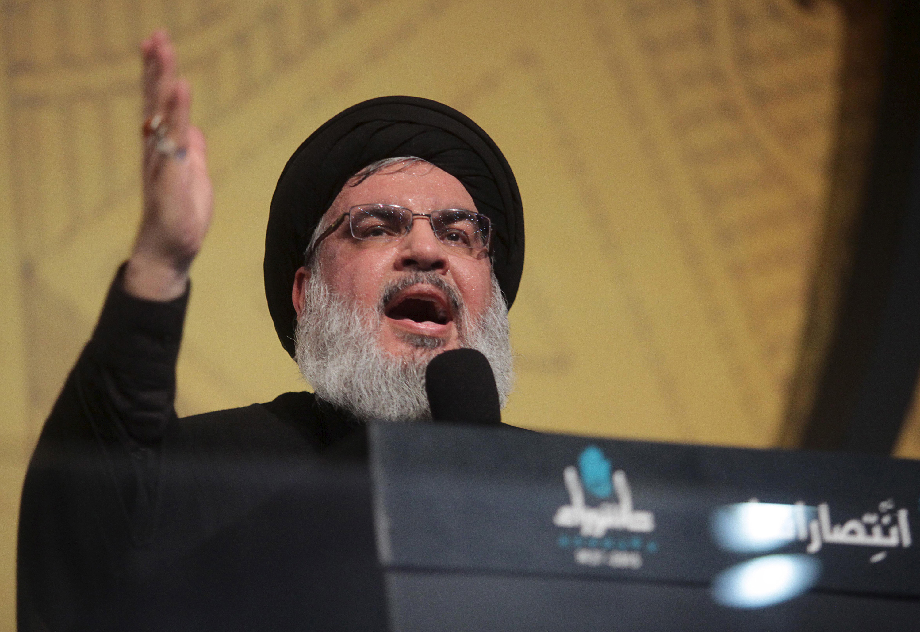Hassan Nasrallah gestures as he addresses his supporters at an Ashura ceremony in Beirut's southern suburbs, Lebanon on October 23, 2015.