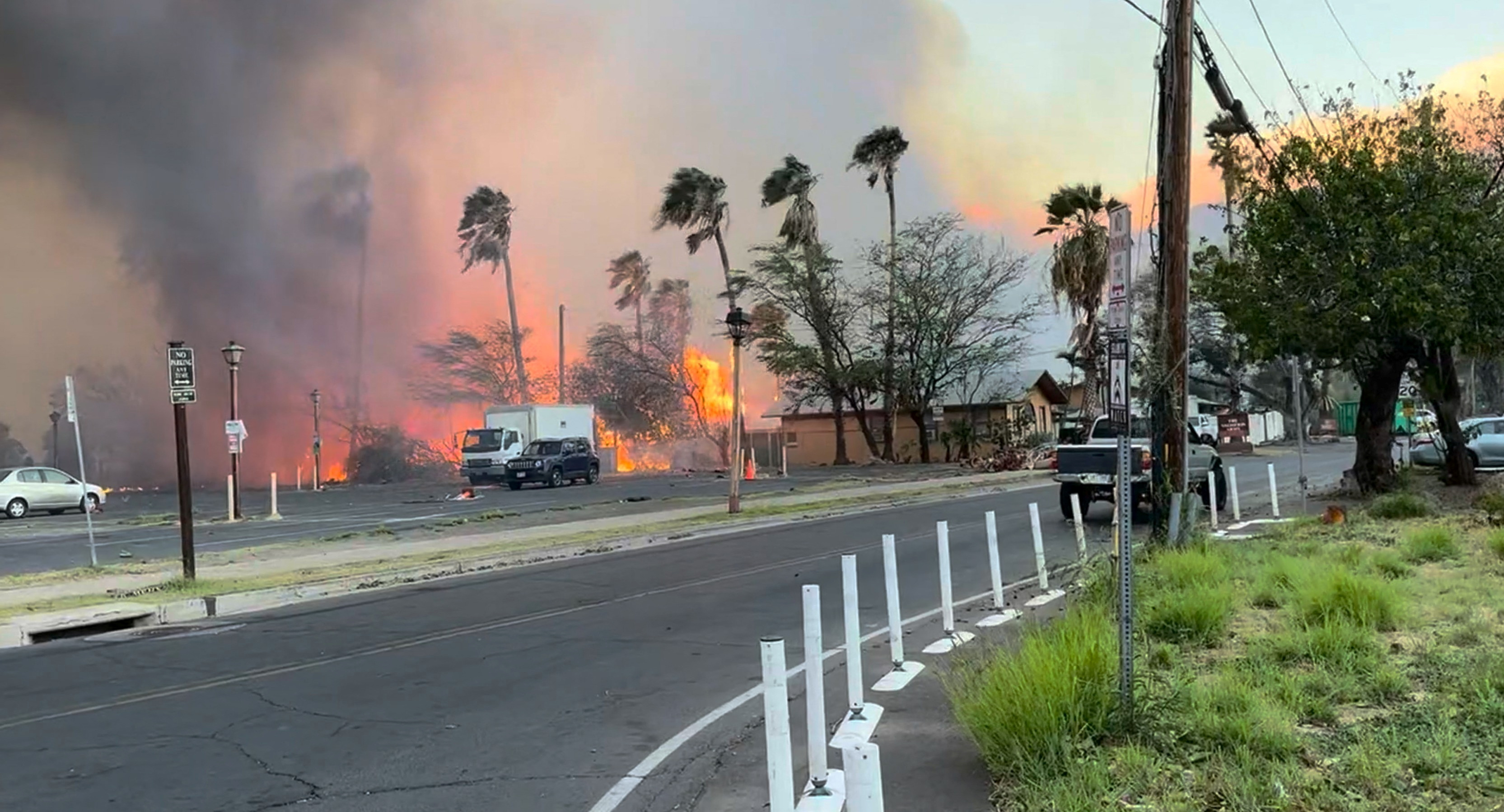 Smoke and flames rise in Lahaina, Maui County, Hawaii, on August 8, 2023 in this still image from video obtained from social media.