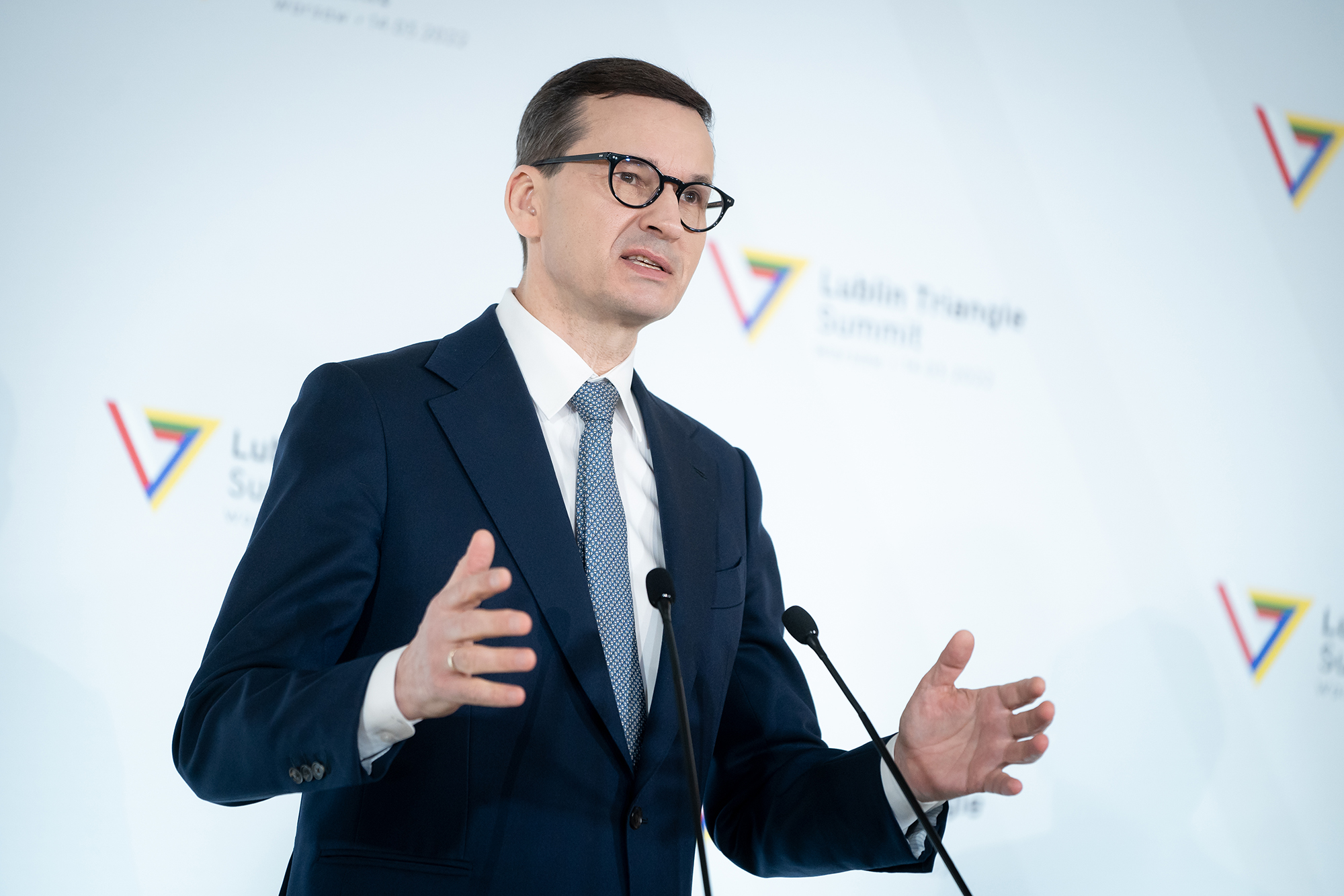 Polish Prime Minister Mateusz Morawiecki speaks during a summit in Warsaw, Poland, on March 14. 