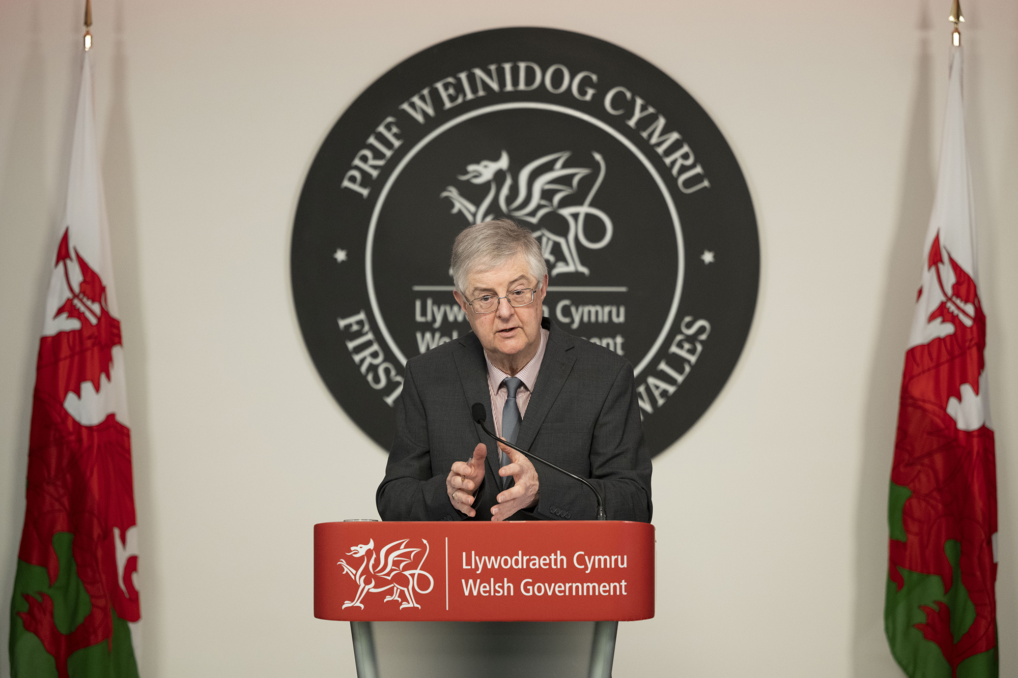 First Minister of Wales Mark Drakeford speaks during a press conference at the Welsh Government Building in Cathays Park on December 22, 2021 in Cardiff, Wales. A revised version of alert level two measures will be introduced from Boxing Day at 6am to help mitigate the spread of the Omicron coronavirus variant. 
