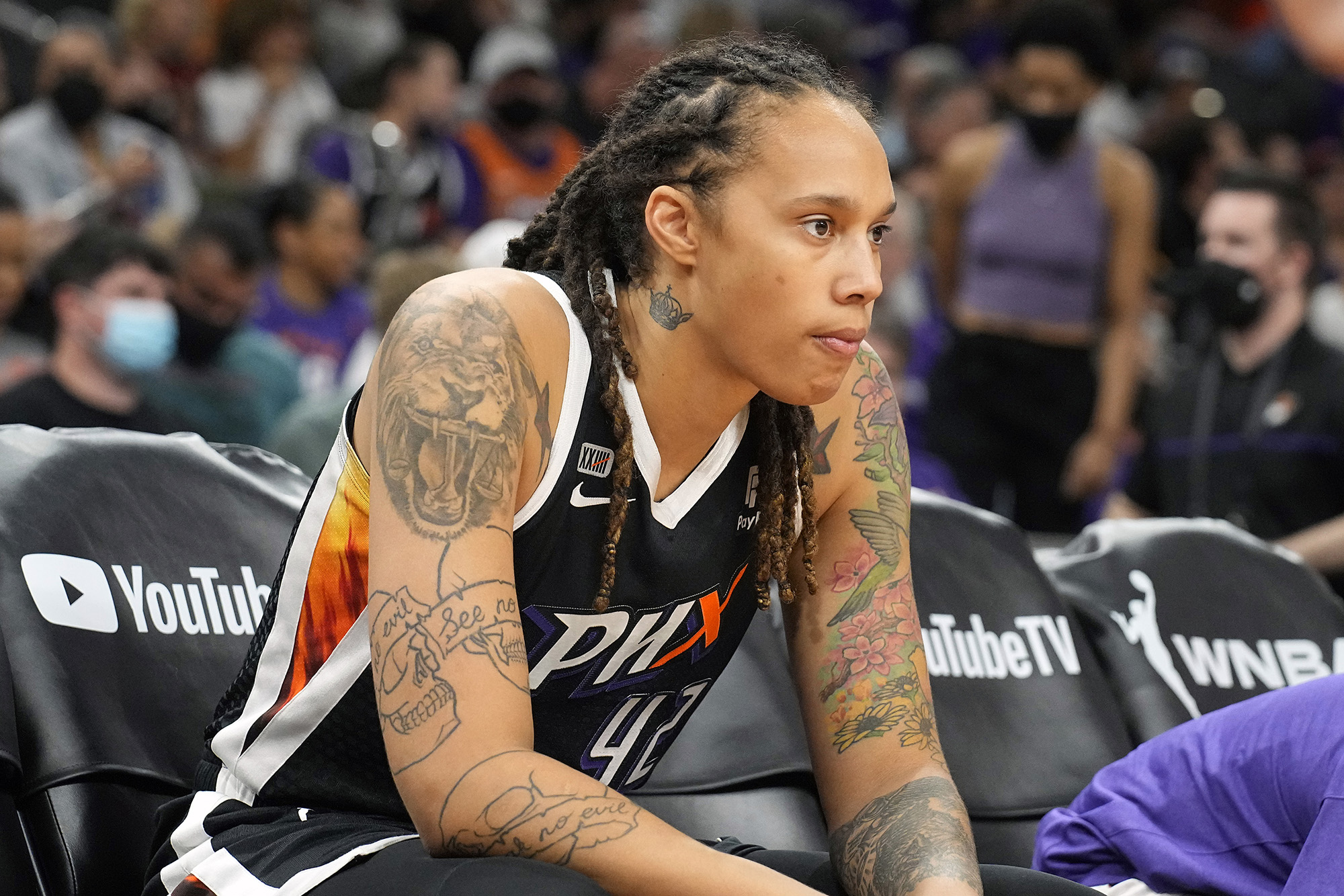 Phoenix Mercury center Brittney Griner sits during the first half of Game 2 of basketball's WNBA Finals against the Chicago Sky, on October 13, in Phoenix, Arizona.