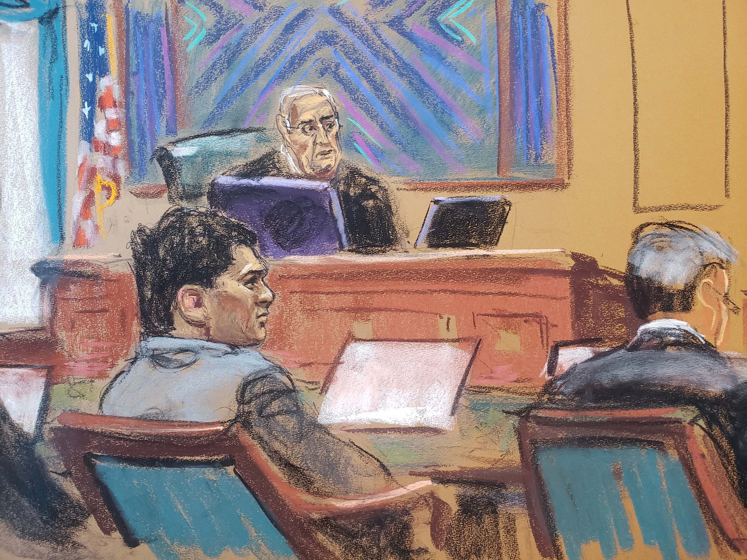 FTX founder Sam Bankman-Fried looks on during his fraud trial over the collapse of the bankrupt cryptocurrency exchange as U.S. District Judge Lewis Kaplan gives instructions to the jury and sends them out to deliberate, at federal court in New York City, on November 2, in this courtroom sketch.