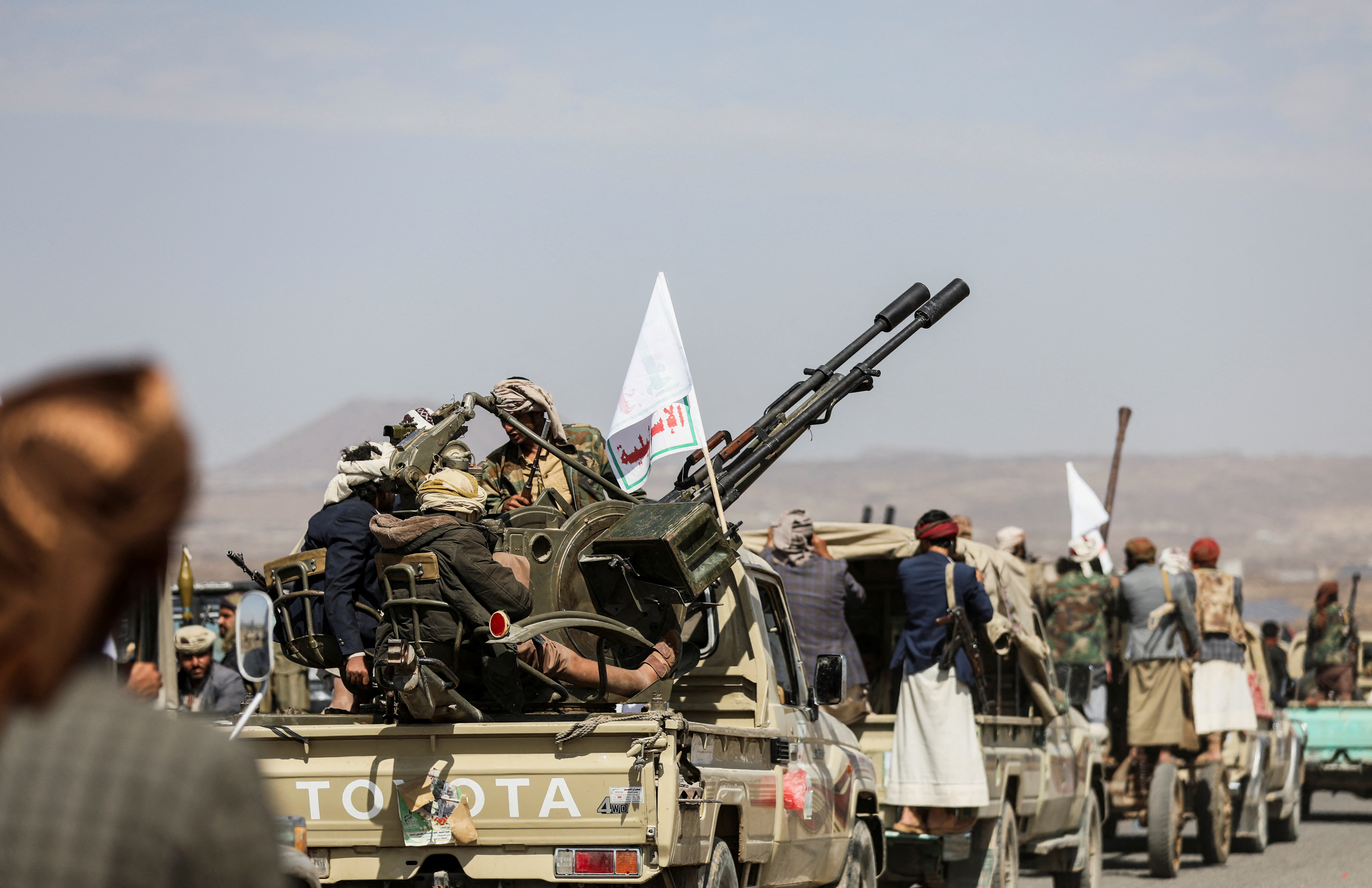 Houthi tribesmen gather to show defiance after US and UK strikes on Houthi positions near Sanaa, Yemen, on February 4.