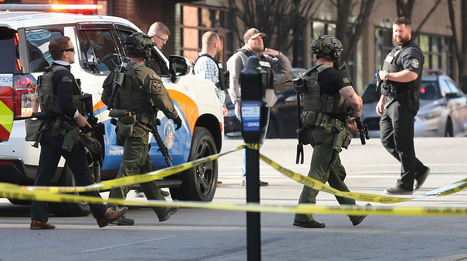 Police deploy at the scene of a mass shooting in downtown Louisville, Kentucky, on April 10. 