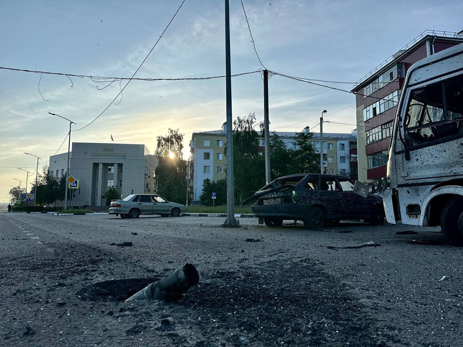 This picture shows a road damaged following a massive strike in Russia's Belgorod region on Wednesday.