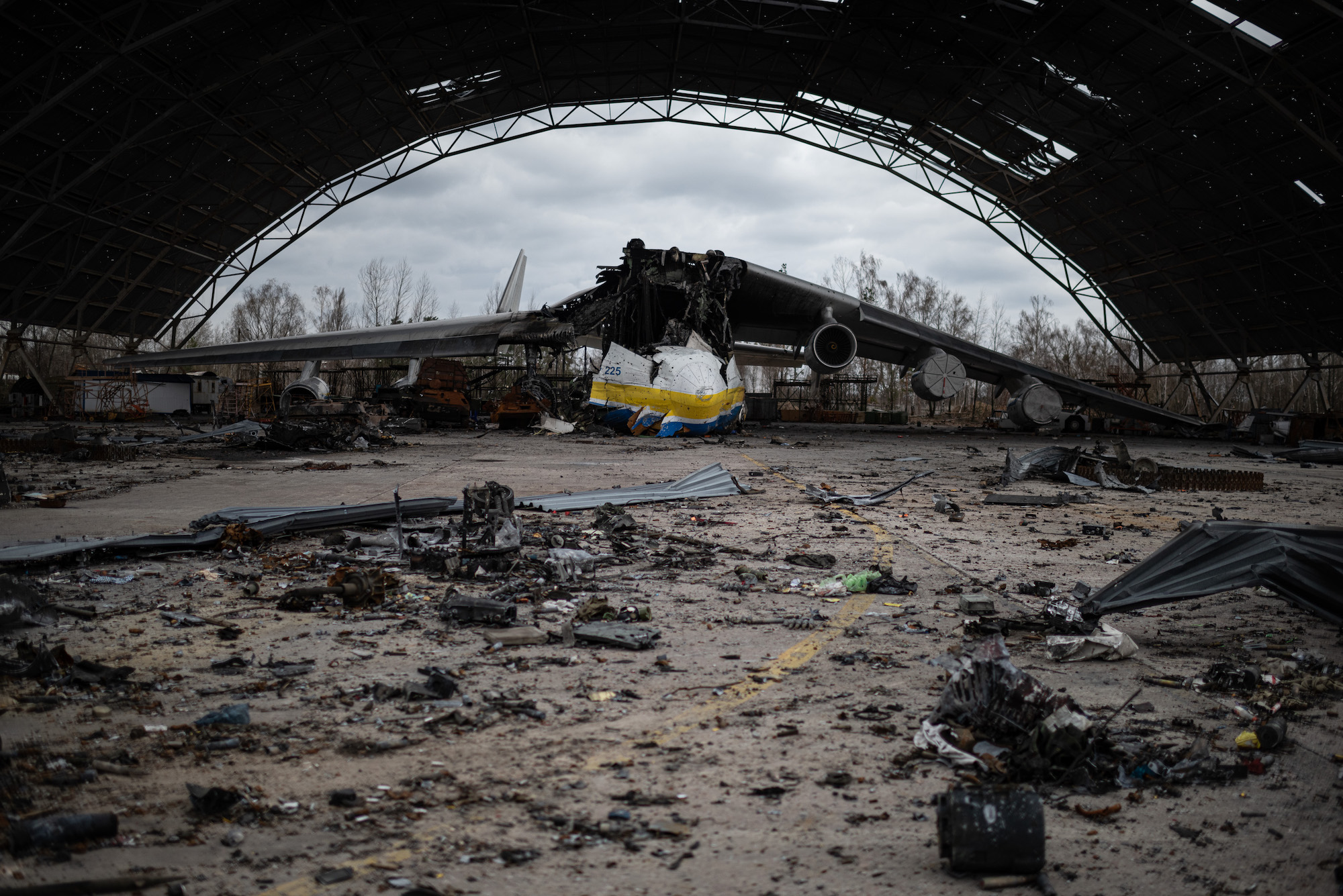 The destroyed Antonov An-225 sits at the Hostomel airfield on April 8, 2022.