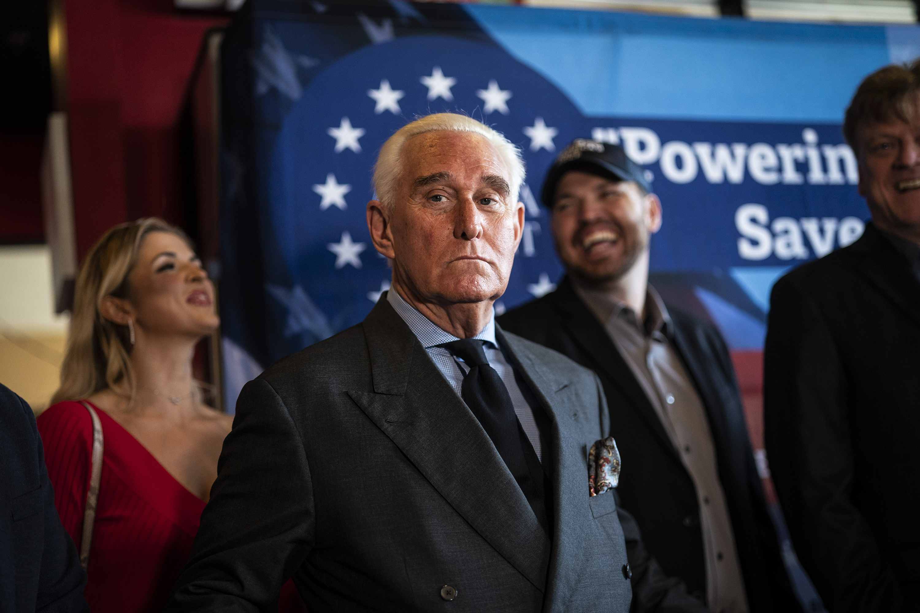 Roger Stone listens during a press conference on February 25, in Orlando, Florida. 