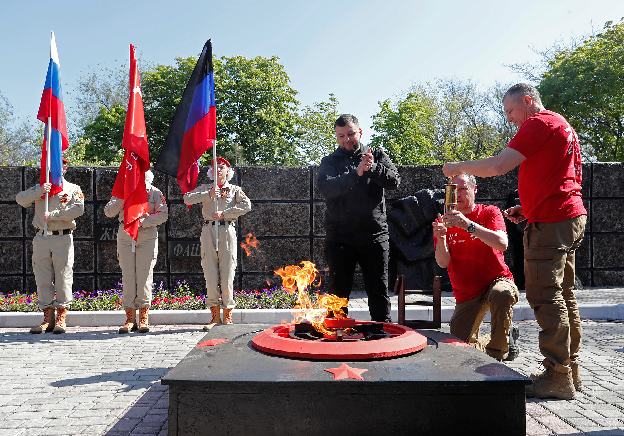 Head of the self-proclaimed Donetsk People's Republic Denis Pushilin attends a ceremony, marking the 77th anniversary of the victory over Nazi Germany in World War Two in Mariupol, Ukraine, on May 9.