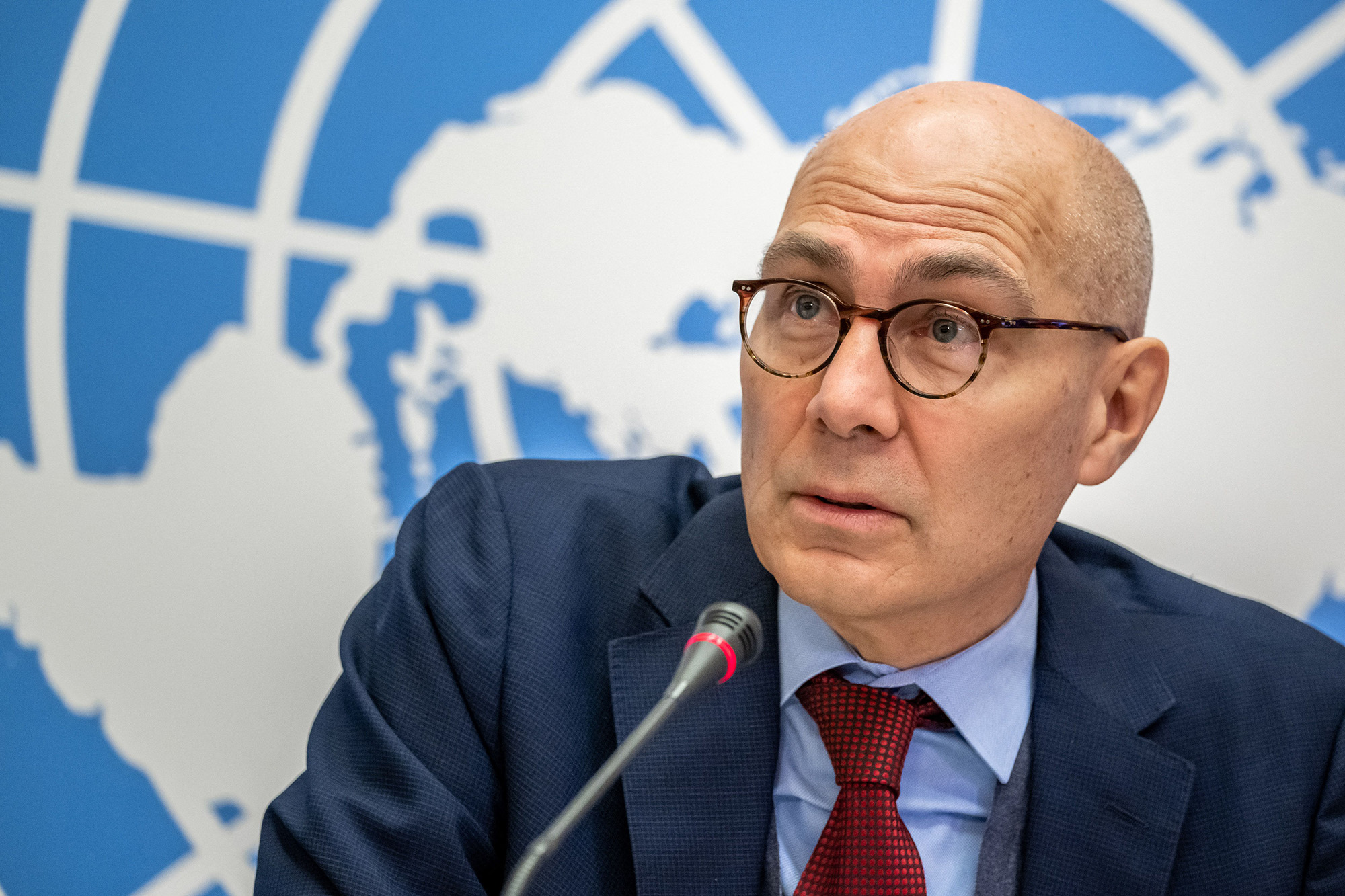 High Commissioner for Human Rights Volker Turk delivers a press conference at the UN Offices in Geneva, Switzerland, on December 9.