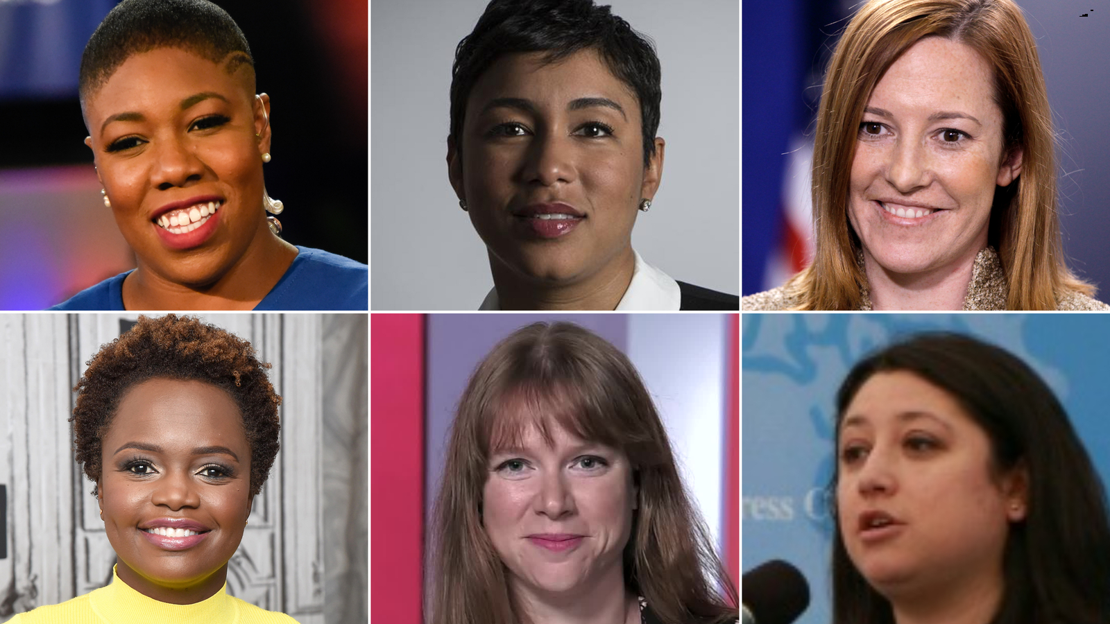 Clockwise from top left: Symone Sanders, Ashley Etienne, Jen Psaki, Pili Tobar, Kate Bedingfield and Karine Jean-Pierre. Not pictured is Elizabeth Alexander.