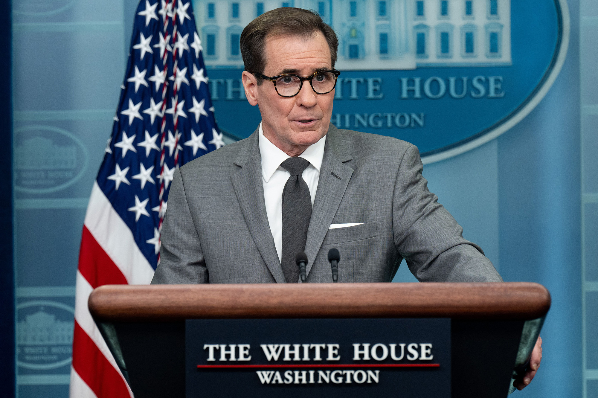 National Security Council Coordinator for Strategic Communications John Kirby speaks at the White House in Washington, DC, on February 27.