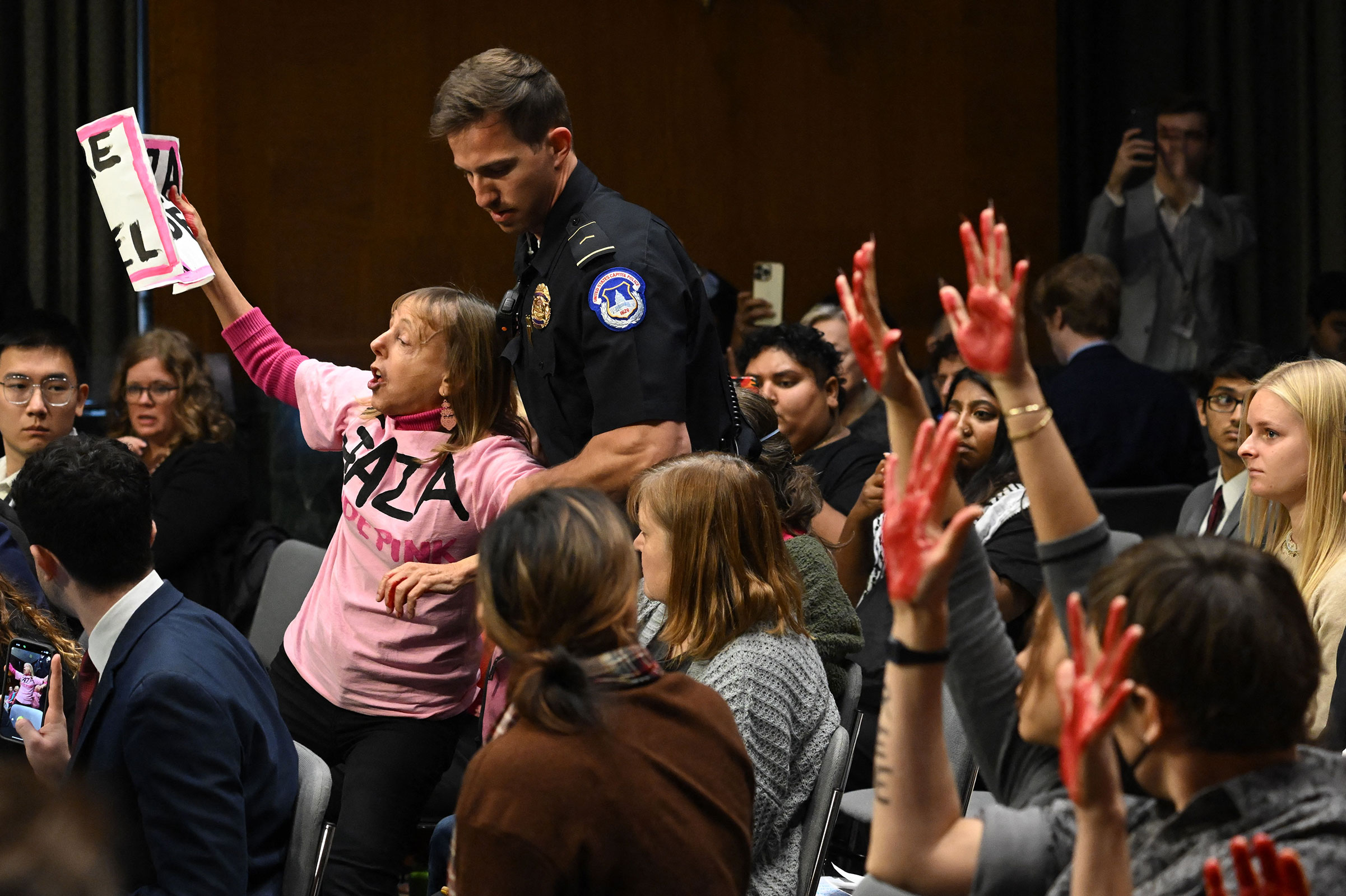 A protester is removed while others show painted hands as US Secretary of State Antony Blinken and Defense Secretary Lloyd Austin testify during a Senate Appropriations Committee hearing to examine the national security supplemental request, on Capitol Hill in Washington, DC, on October 31.