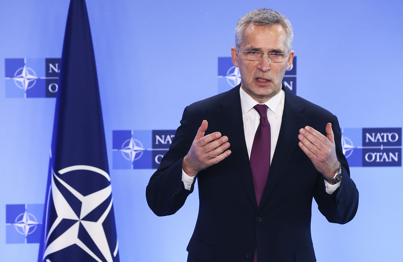 NATO Secretary General Jens Stoltenberg speaks during a press statement prior to an extraordinary NATO foreign ministers meeting at NATO headquarters in Brussels, Belgium, on March 4.