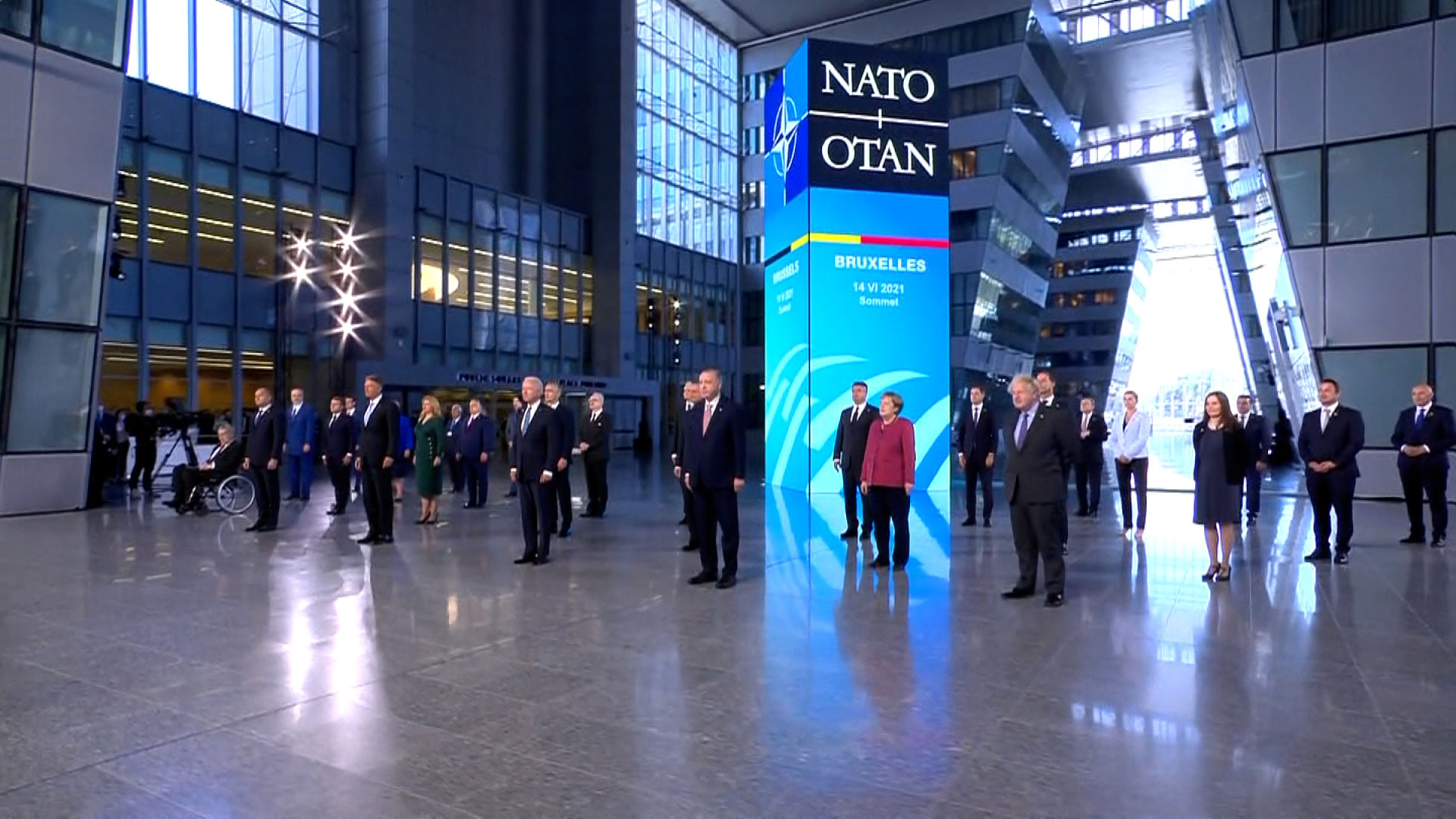 NATO members gather for a photo in Brussels, Belgium, on June 14.