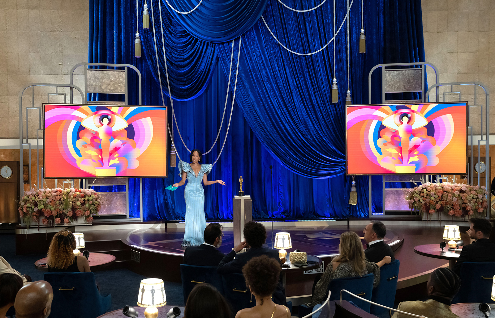 In this handout photo provided by A.M.P.A.S., Regina King speaks onstage during the 93rd Annual Academy Awards at Union Station on April 25 in Los Angeles. 