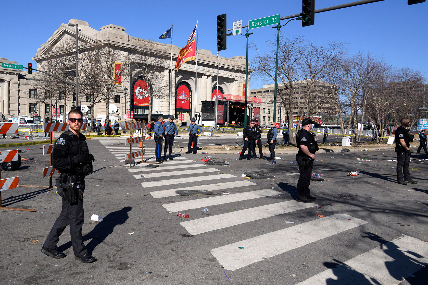 Police cordon off the area around Union Station following the shooting in Kansas City, Missouri, on February 14. 
