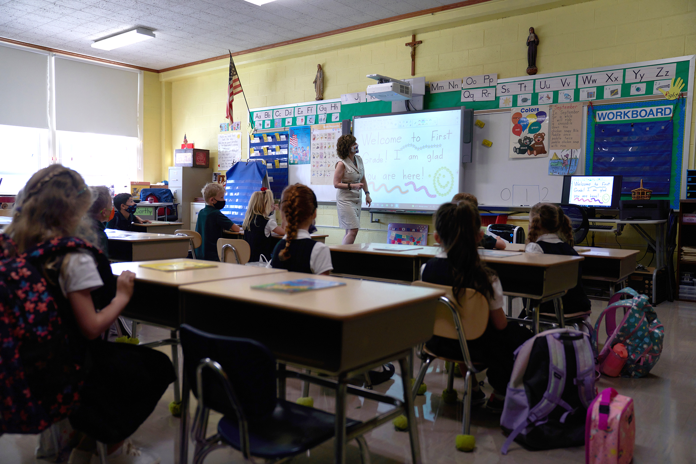 First-grade students attend classes on Tuesday, September 7 in Boston, Massachusetts. 