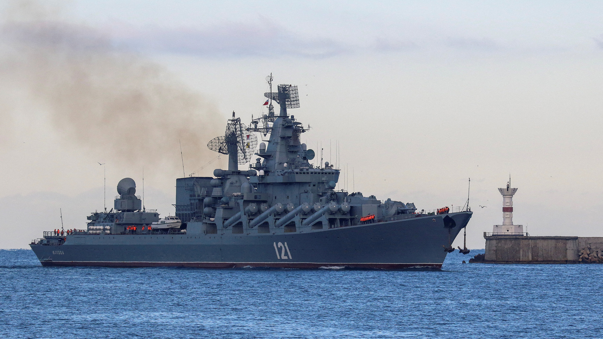 The Russian guided-missile cruiser Moskva sails back to the port of Sevastopol, Crimea on November 16, 2021.