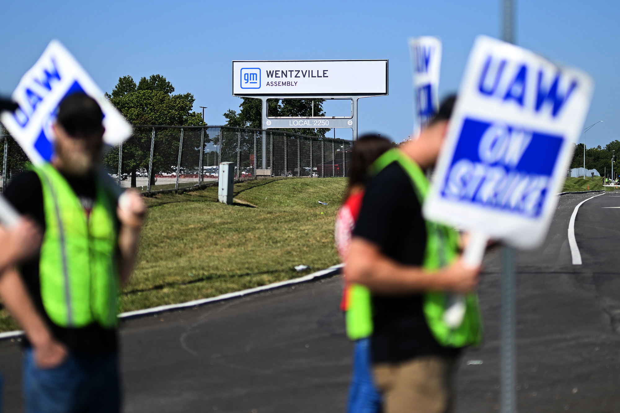 GM workers with the UAW Local 2250 Union strike outside the General Motors Wentzville assembly plant in Wentzville, Missouri.