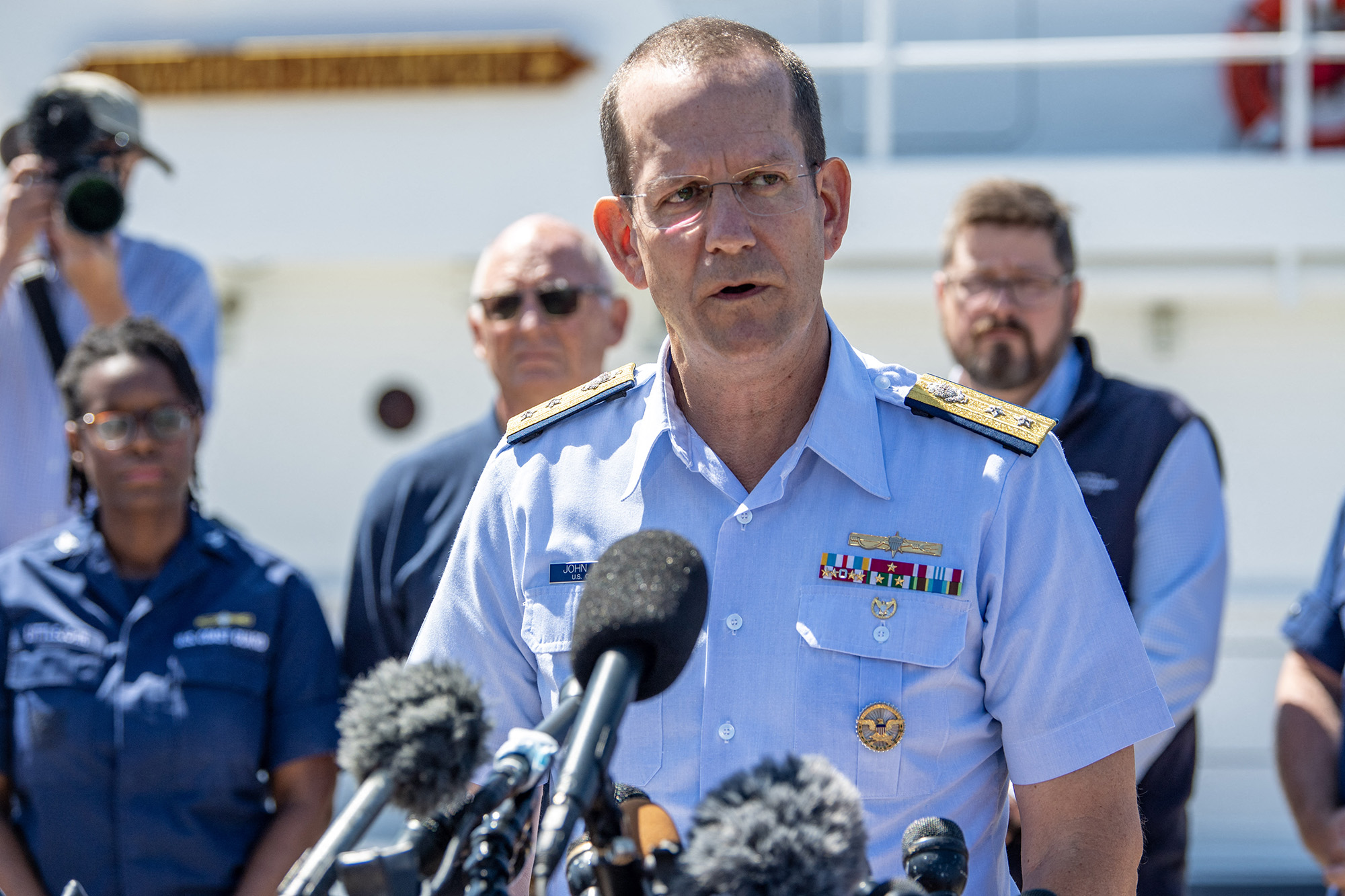 US Rear Adm. John Mauger, the First Coast Guard District commander, speaks at a press conference at the US Coast Guard Base Boston in Boston, Massachusetts, on June 22.