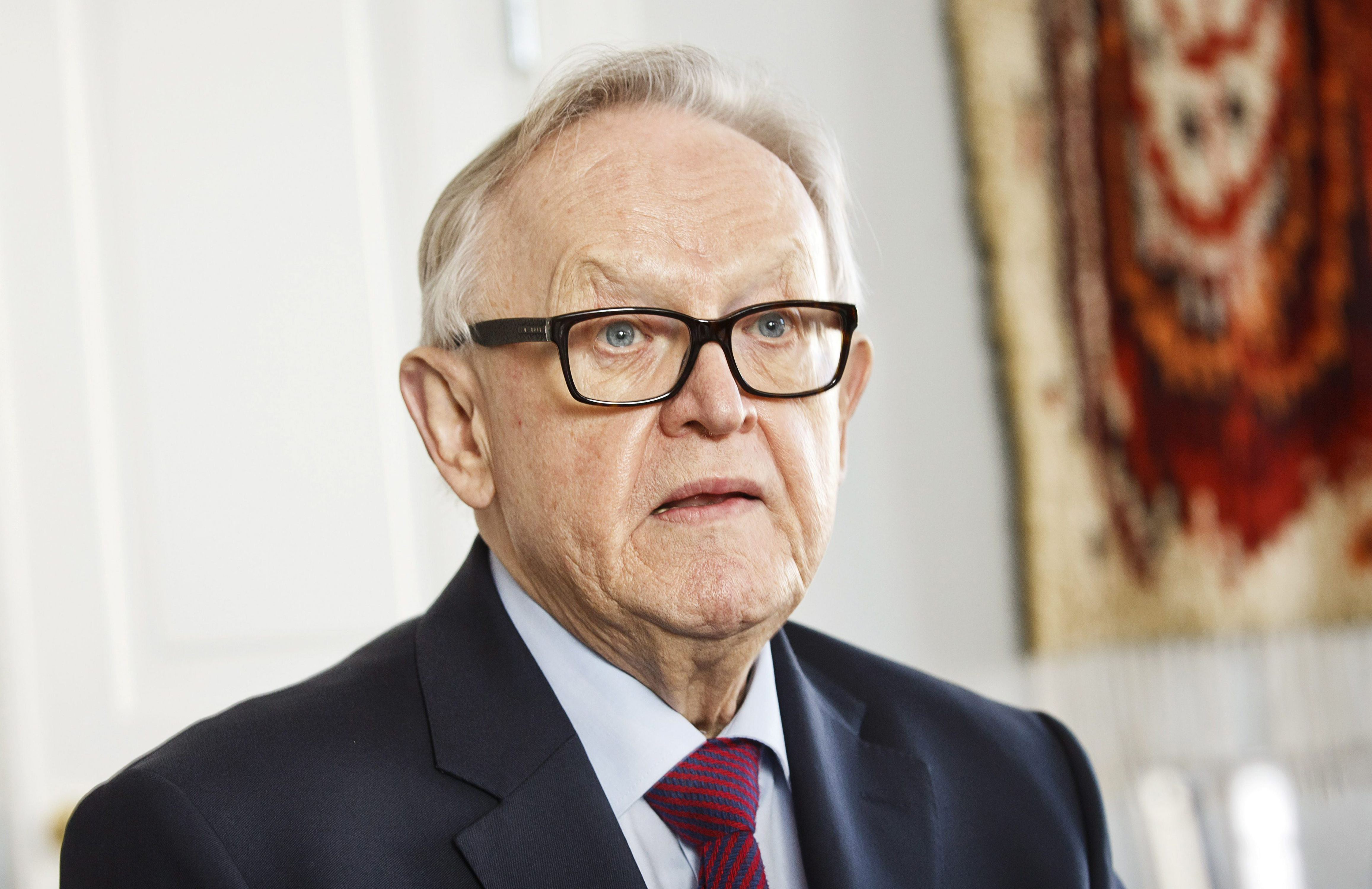 In this file photo dated Feb. 16, 2016, former President of Finland Martti Ahtisaari at luncheon for political journalists in Helsinki, Finland. Ahtisaari, the former Finnish president, UN diplomat and recipient of the 2008 Nobel Peace Prize, has tested positive with the coronavirus. 