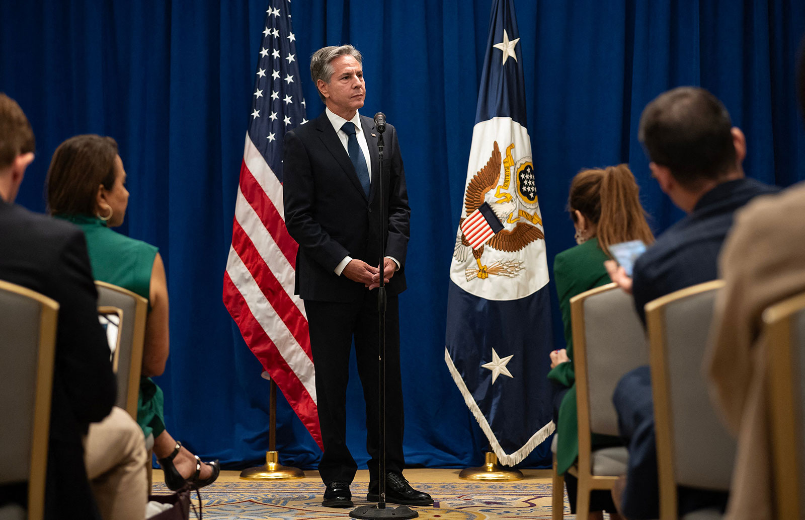 US Secretary of State Antony Blinken takes a question from a reporter during a news conference in New York on Monday.