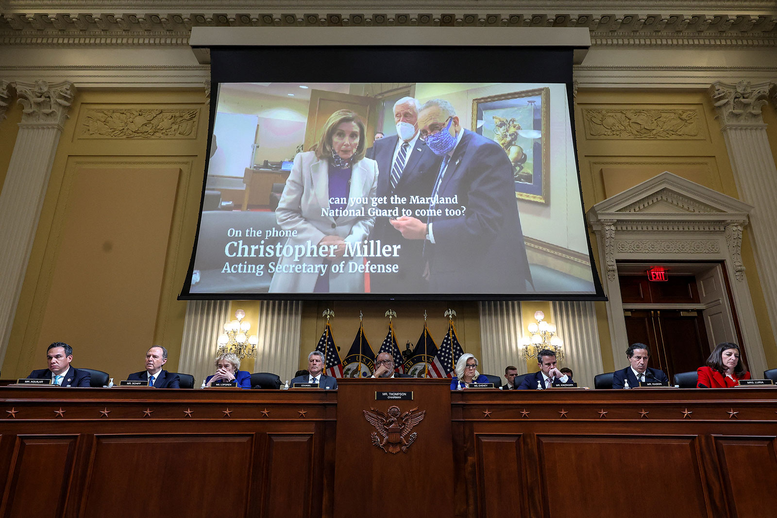 A video showing House Speaker Nancy Pelosi, Senate Majority Leader Chuck Schumer and House Majority Leader Steny Hoyer is shown during a House select committee hearing on October 13. 